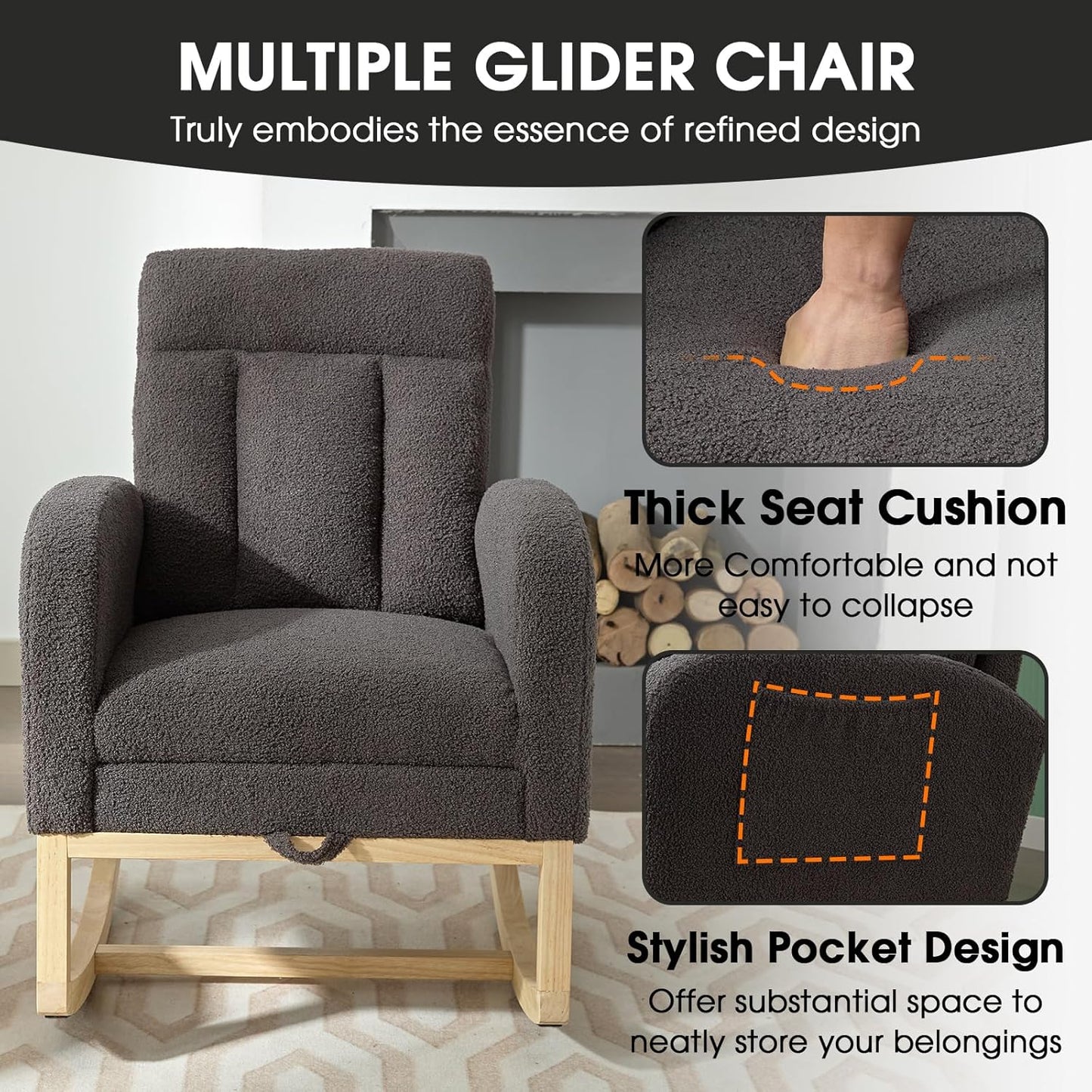 NIOIIKIT Modern Nursery Rocking Chair, Teddy Upholstered Rocking Chair with Footrest, Comfortable Rocker Recliner with Side Pocket, Glider Rocker for Living Room, Bedroom, Nursing Room (Dark Grey)