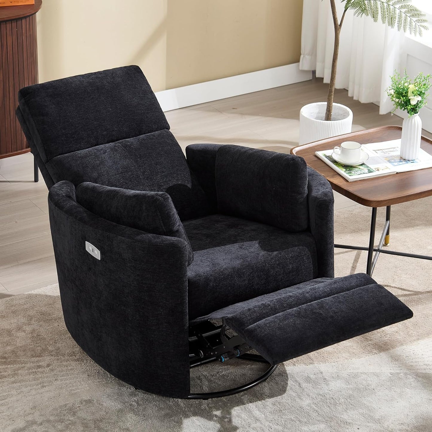 Recliner Swivel Glider Electric Rocking Chair with USB Port,Multifunction Upholstered Power Recliner Rocking Chair for Living Room Bedroom Nursery Adult with 2 Pillows(Black, Power-Driven)