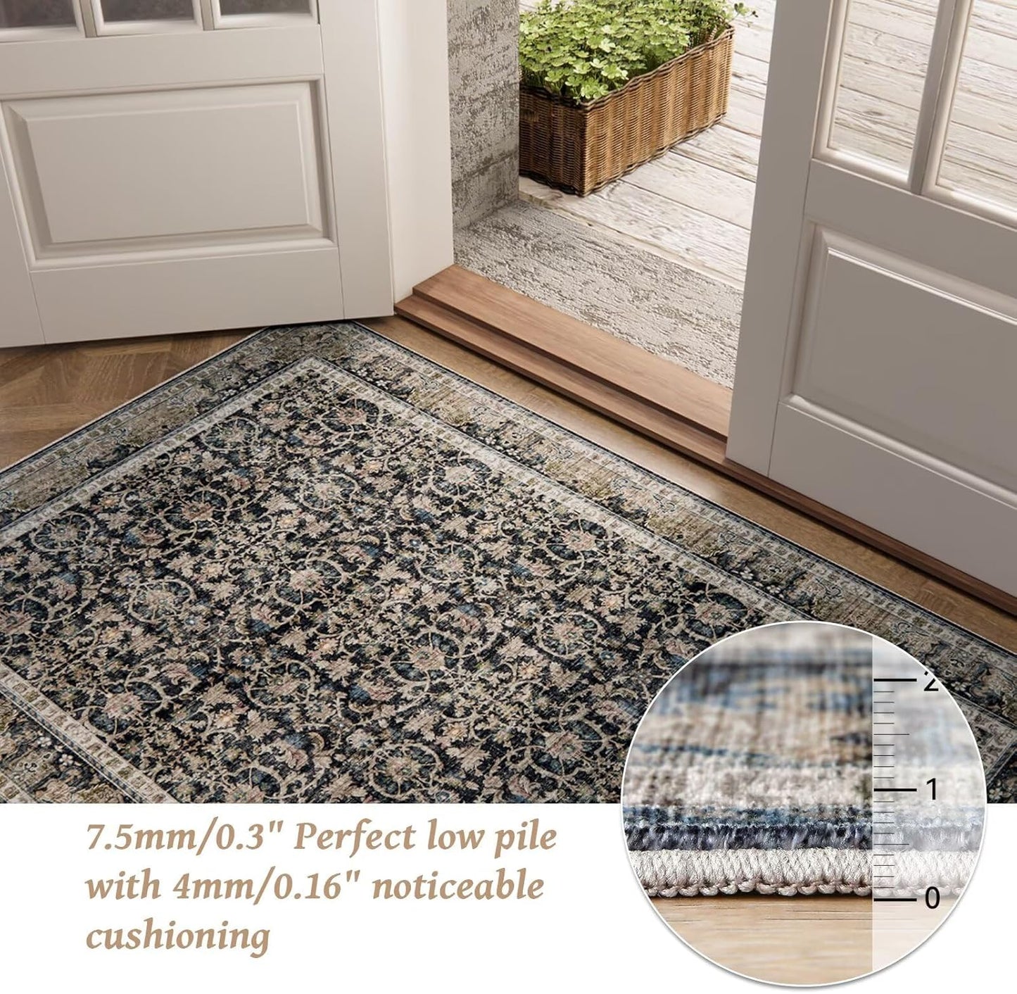 Washable 3x5 Entryway Rug Indoor, Boho Non-Slip Silicone Backing Small Rugs for Kitchen Nursery Office Bedroom, 0.3" Neutral Oriental Throw Carpet with 0.16" Cushioning Pad, Black/Multi