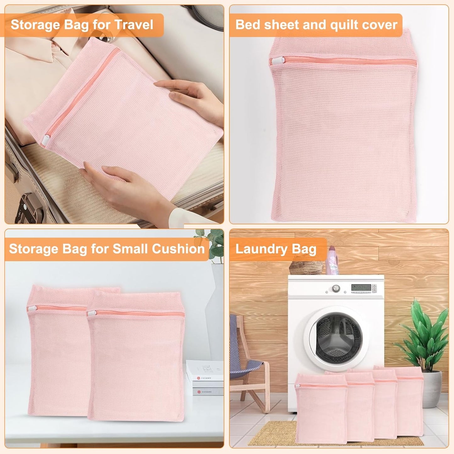 4-Piece Pink Medium Durable Organic Cotton Mesh Laundry Bags with Sturdy Zippers and Breathable Mesh are Delicate Laundry Bags for Underwear, Clothes, Pants and Socks