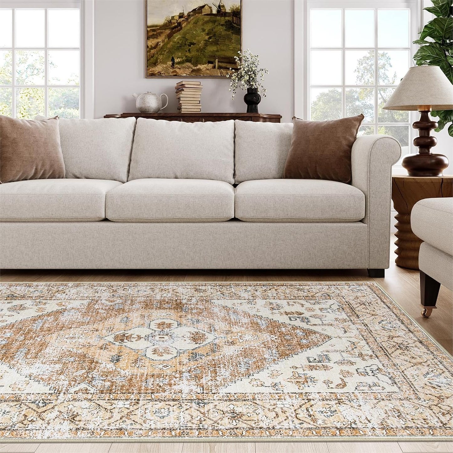 Lahome Boho Area Rug for Living Room - 4x6 Rug Washable Non-Slip Throw Bedroom Rug Lightweight Non-Shedding Large Kitchen Carpet, Oriental Distressed Print Carpet for Office Classroom Dining Room
