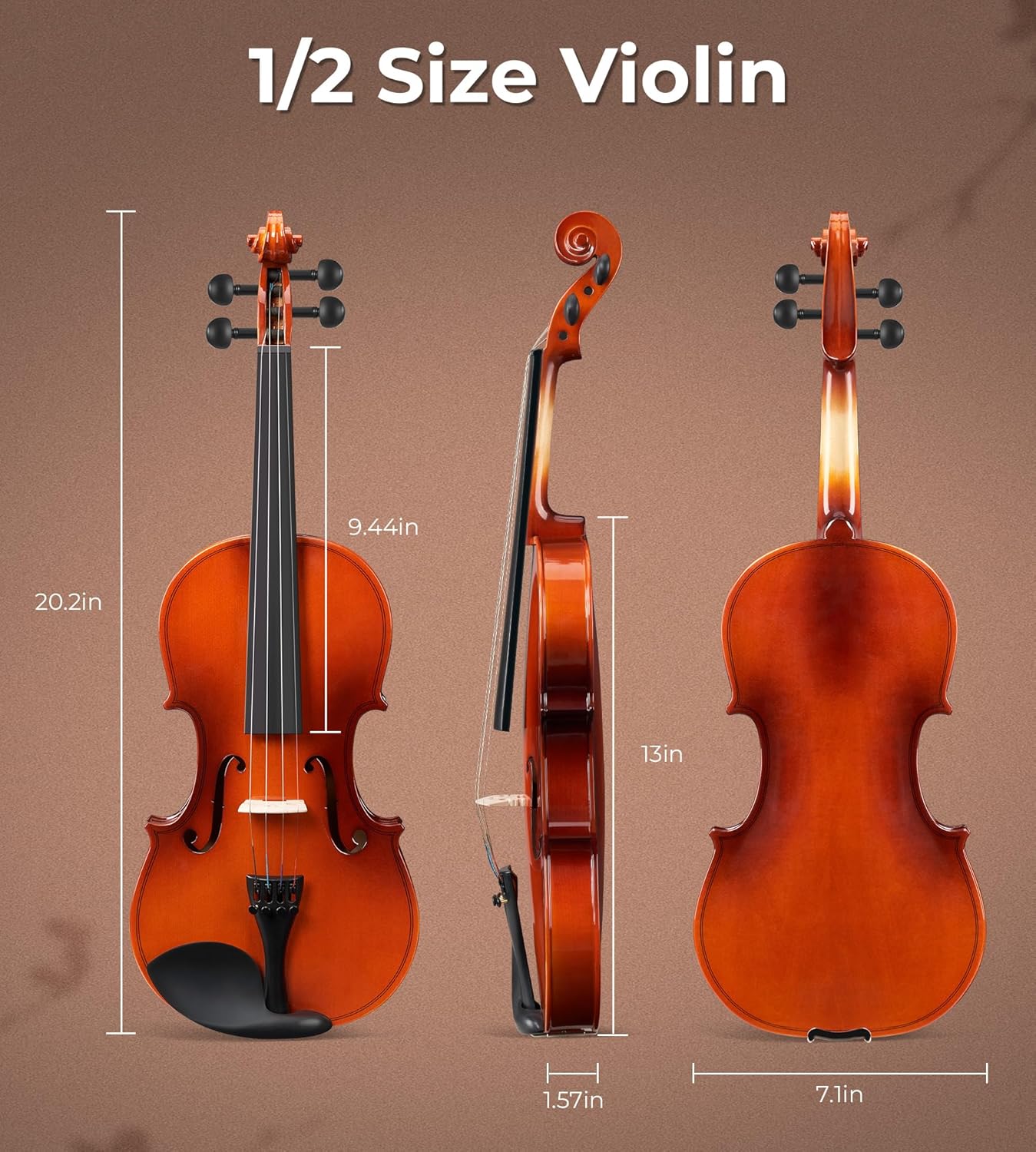 Vangoa Violin 1/2 Size Kids Fiddle Full Set, Half-Size Acoustic Violins Solid Wood Sides Kit with Hard Case, Starter Violin Bundle for Students Beginners 6-10, Premium Novice Accessory Pack
