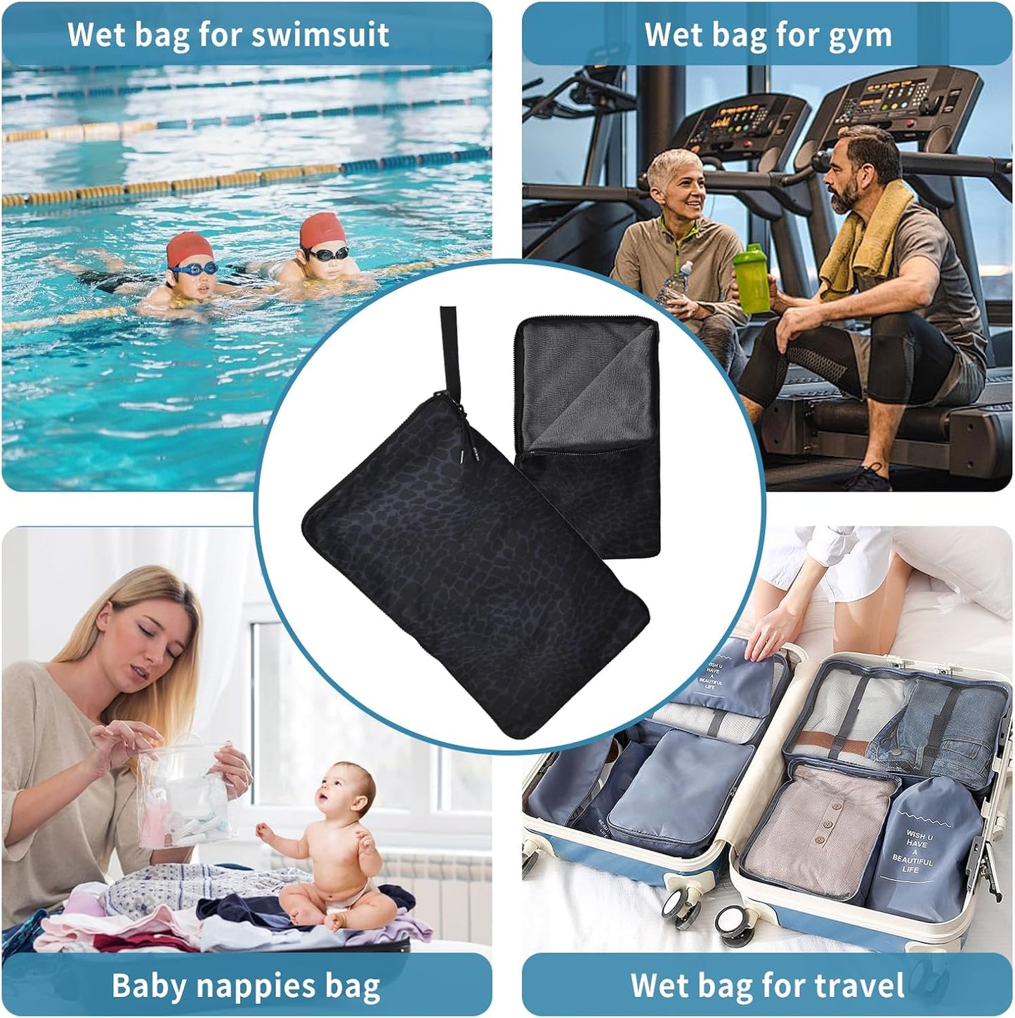 Wet Bag, Wet Dry Bag, Wet bag for swimsuit,Travel, Beach, Pool, Diapers, Dirty Yoga Gym Clothes, Waterproof Embedded Towel Wet Bag(Fleece)-Leakproof Wet Clothes Bag, Beach Travel Essentials