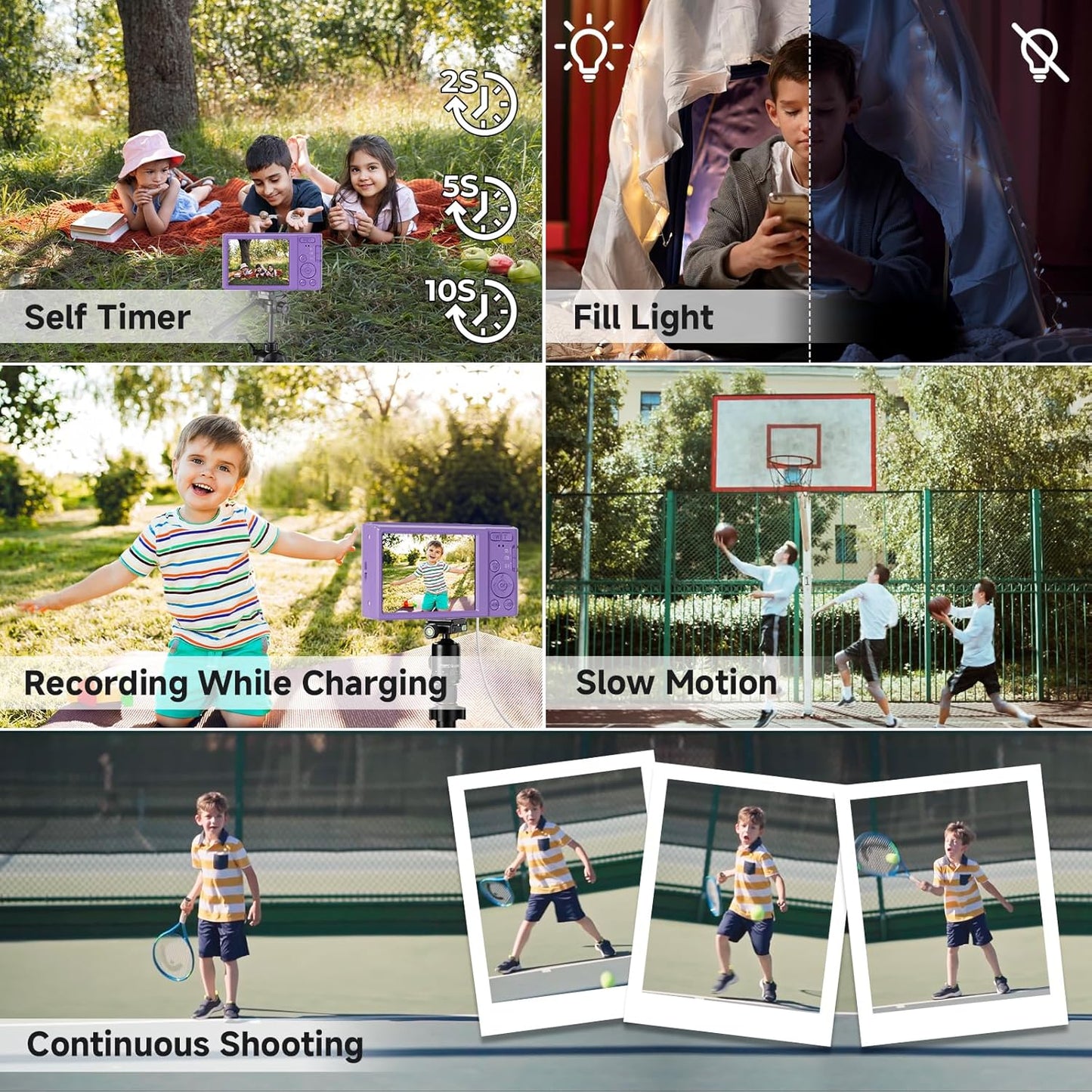 Digital Camera, FHD 4K 44MP Digital Camera, 16X Digital Zoom, Digital Point and Shoot Camera with 3-LED Fill Lights, 64GB SD Card, Compact Camera for Kids Teen Boys Girls, Purple