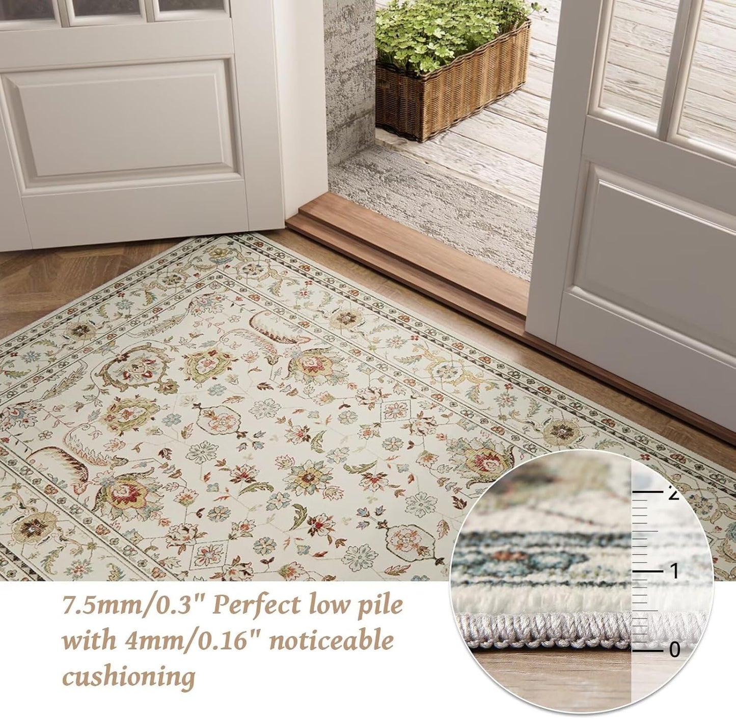 Washable 9x12 Area Rugs for Living Room, Boho Non-Slip Silicone Backing Rugs for Bedroom Dining Room Nursery Office, 0.3" Neutral Oriental Throw Carpet with 0.16" Cushioning Pad, Light Beige/Multi