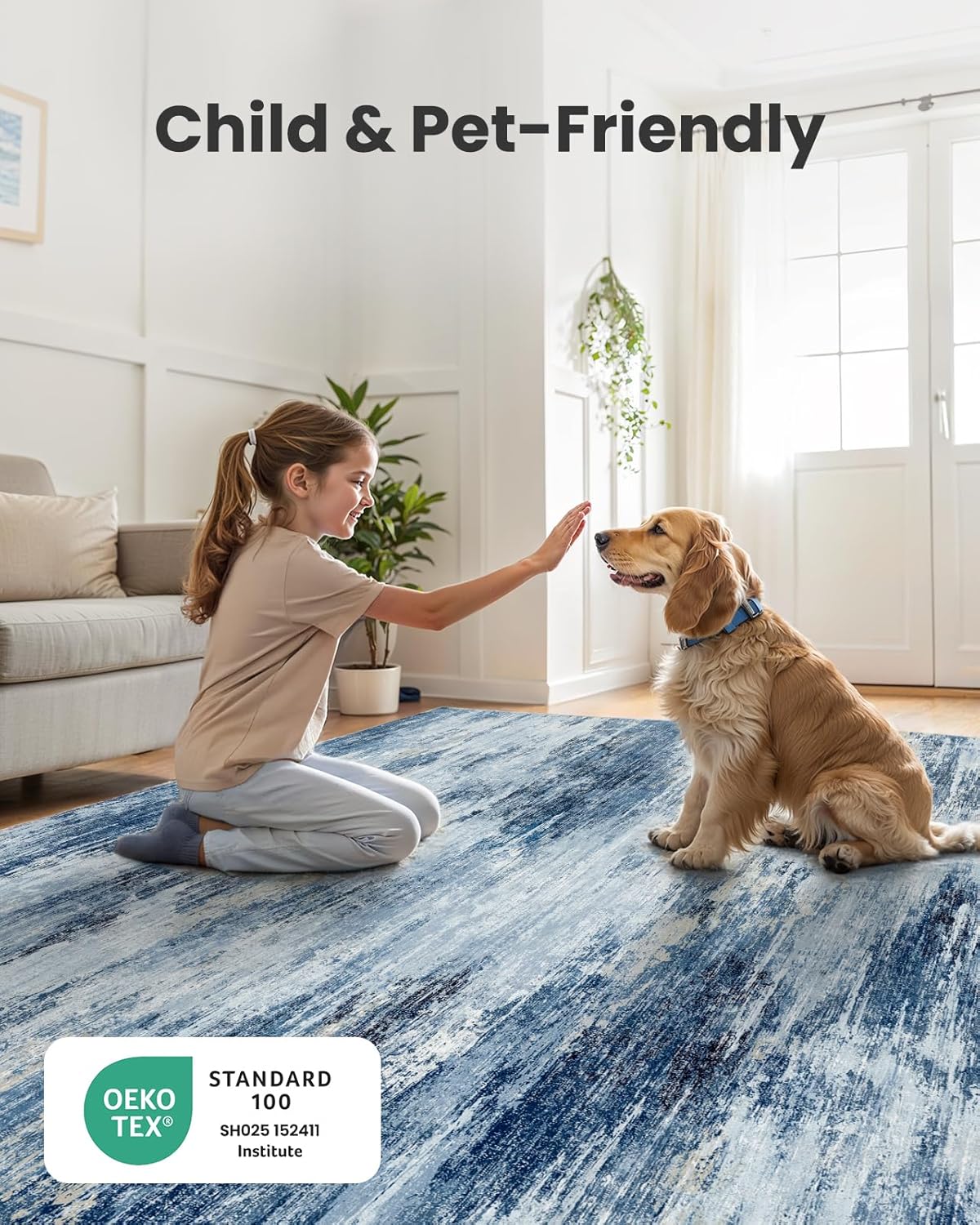 Amada 6x9 Washable Area Rug, Modern Abstract Living Room Rug with Non-Slip Backing & Short Pile, Large Rug with Abstract Pattern for Living Room, Bedroom and Dinning Room, Blue