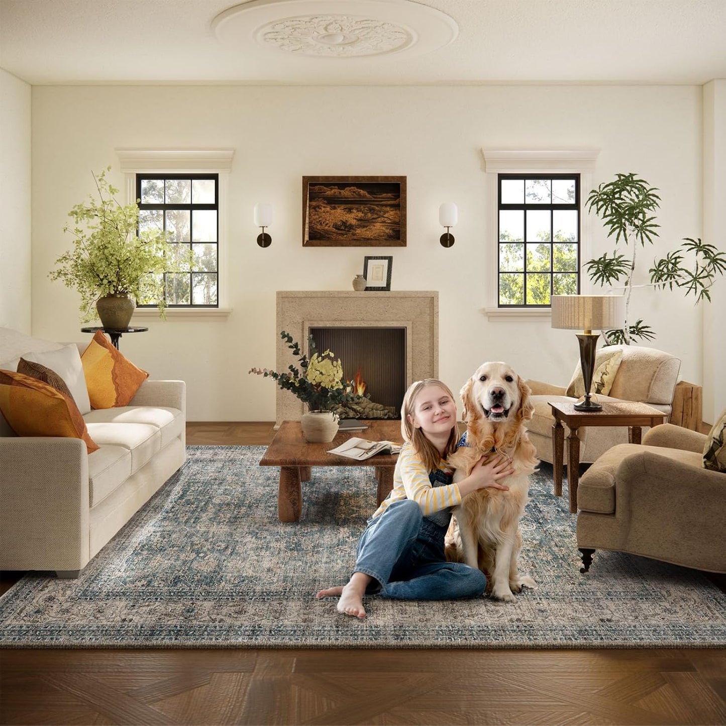 Area Rugs 9x12 Living Room: Washable Rugs for Bedroom Vintage Stain Resistant Non Slip Low Pile Large Boho Carpet for Kitchen Dining Room Farmhouse Kids Room Nursery