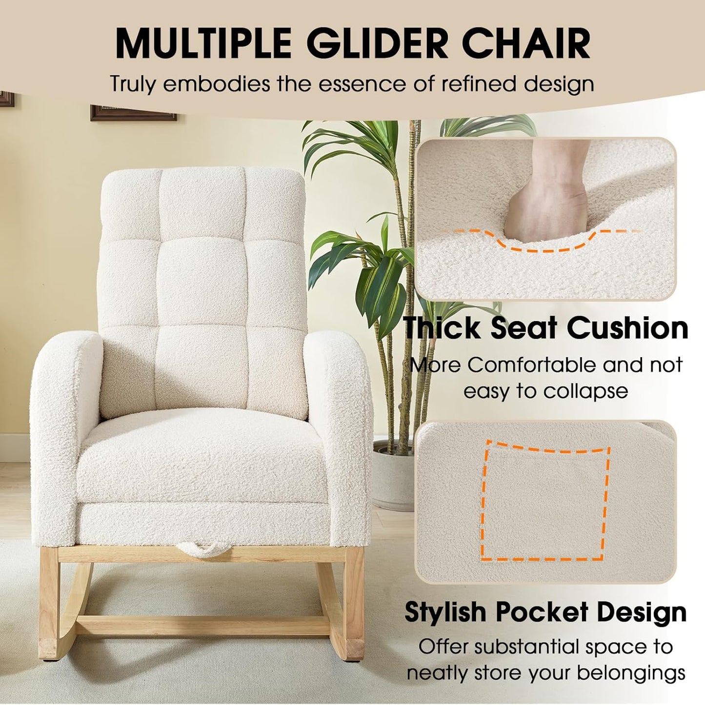 NIOIIKIT Modern Nursery Rocking Chair, Teddy Upholstered Rocking Chair with Footrest, Comfortable Rocker Chair with Side Pocket, Rocker Chair for Living Room, Bedroom, Nursing Room (White)