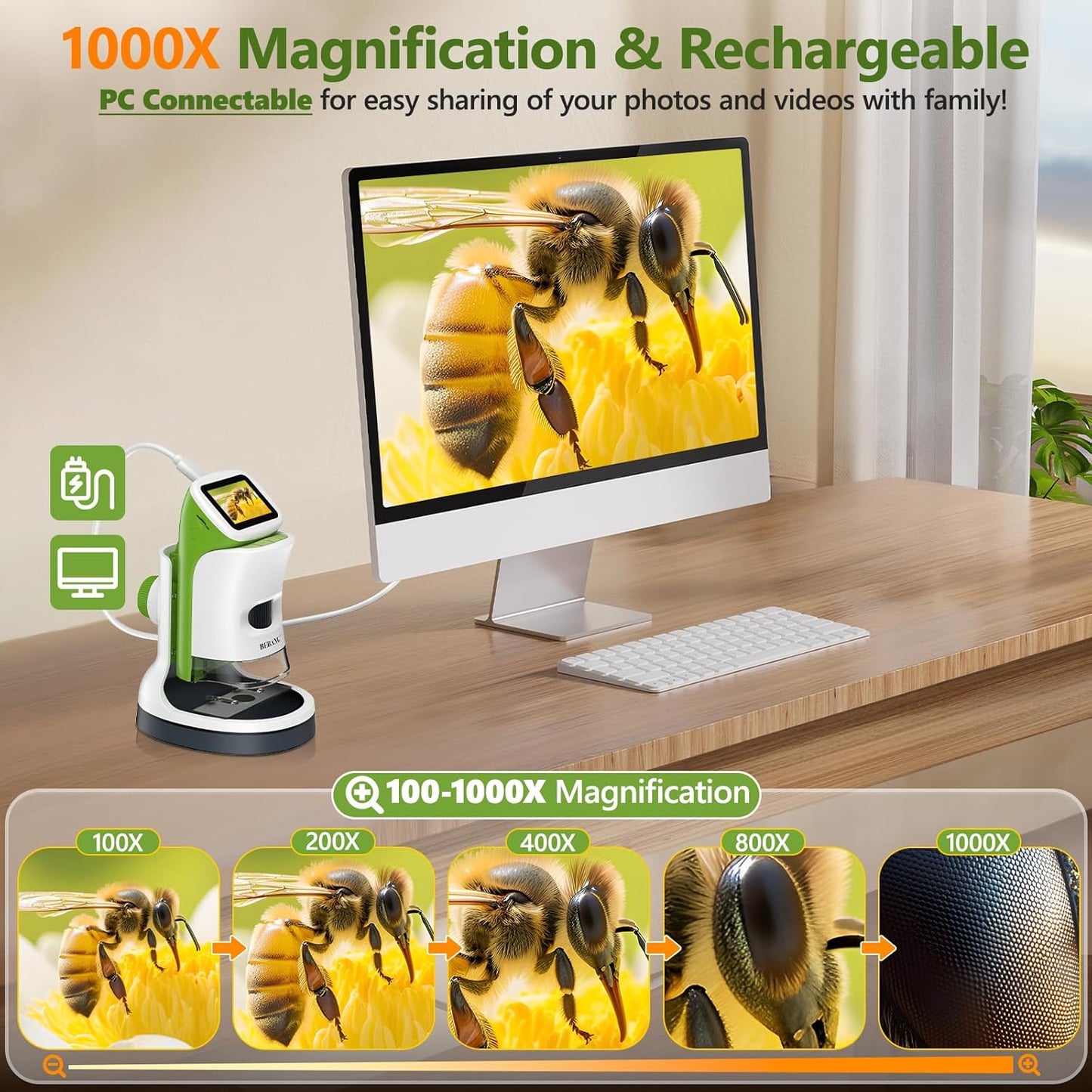 Detachable Kids Handheld Microscope Miniscope - 4K 2.0" HD Screen, 1000X Digital Pocket Toy Microscopes for Boys & Girls Ages 4-12 - Portable Science Stem Kit with Slides Set, 32G Card & EVA Case