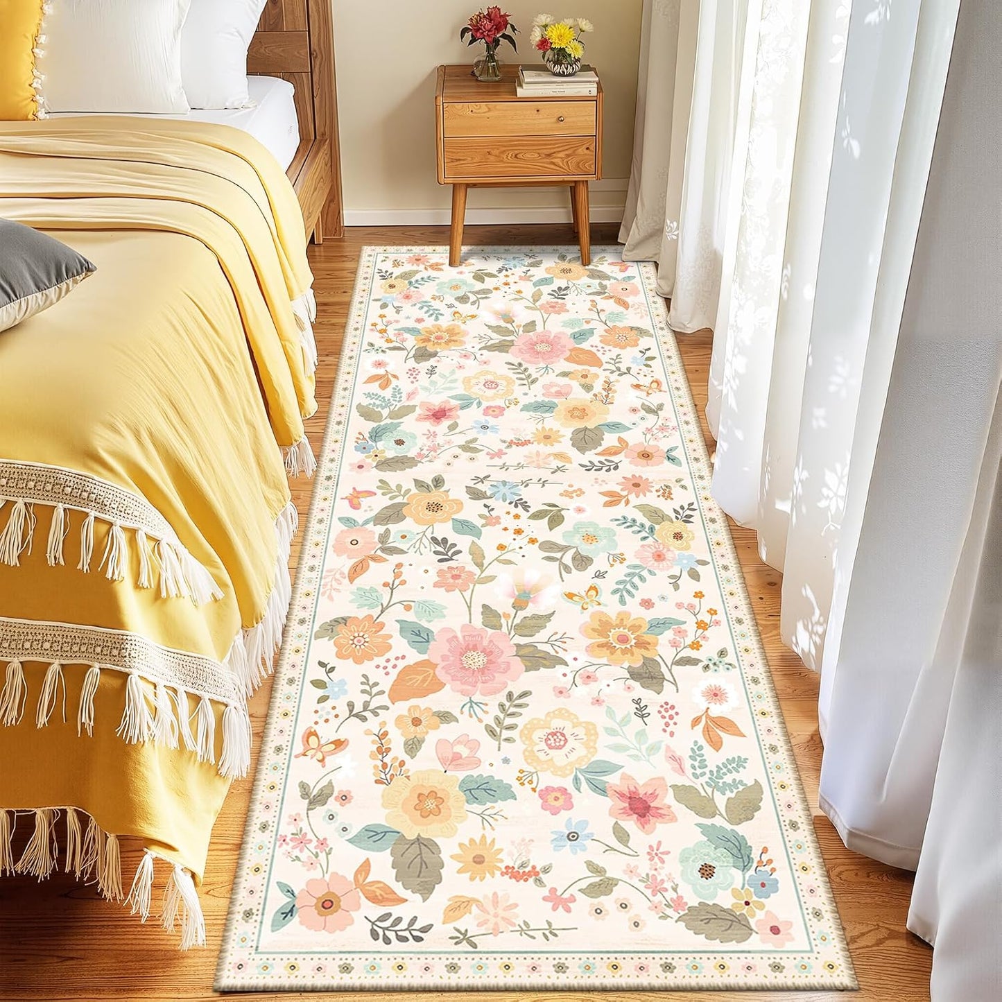 Floral 2x10 Area Rug Machine Washable Soft Print Boho Carpet Non Slip Doormat Low Pile Flower Area Rugs for Living Room Bedroom Nursery Kitchen Dining Room Indoor-Beige/White/Orange