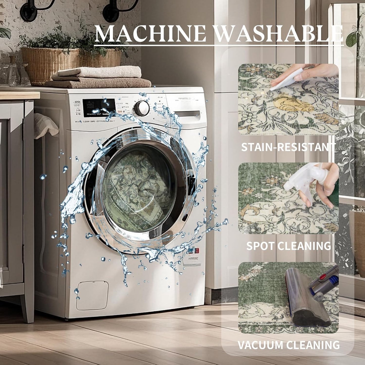 9x12 Area Rug Washable: Oriental Soft Area Rug for Living Room Bedroom No Shedding - Low Pile Thin Carpet Rug for Dining Room Non Slip - Boho Vintage Rug for Home Decor - Olive Green