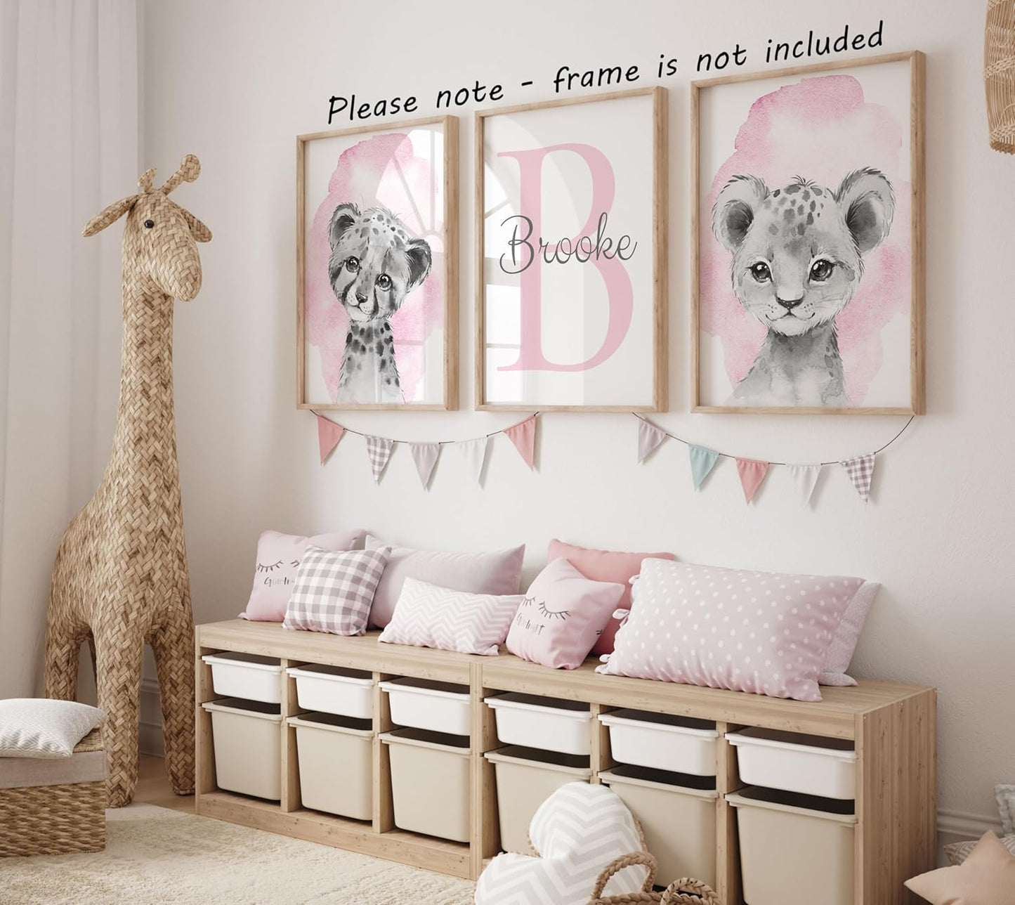Safari Animals Set of 3 Unframed Poster Prints for Baby Girls Nursery Bedroom Playroom, Personalized Name, Choice of 12 Animals, Pink Purple (9x12)