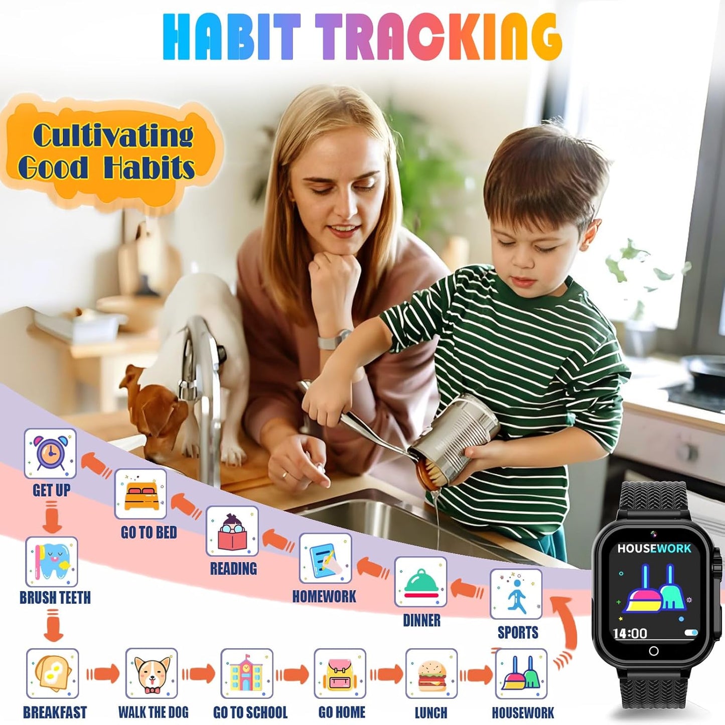 Goodatech Kids Smart Watch for Boys Girls, 1.54'' Smartwatch with 26 Puzzle Games,HD Camera,Video Music Player,Pedometer,Flashlight,Audio Book etc., Aluminum Case and Sport Band (Black)