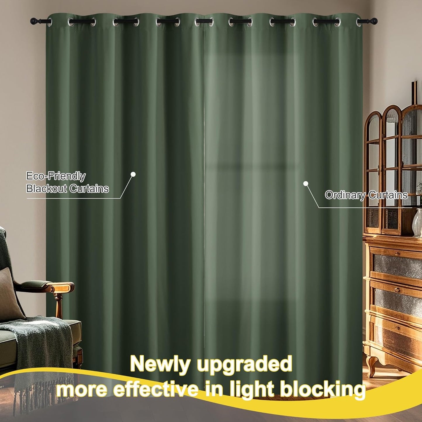 NICETOWN 100% Blackout Greyish Green Curtains 84 inches Long 2 Panels Set for Bedroom, Thermal Insulated Grommet Drapes, Room Darkening Curtain for Living Room(W52 x L84 Inch)