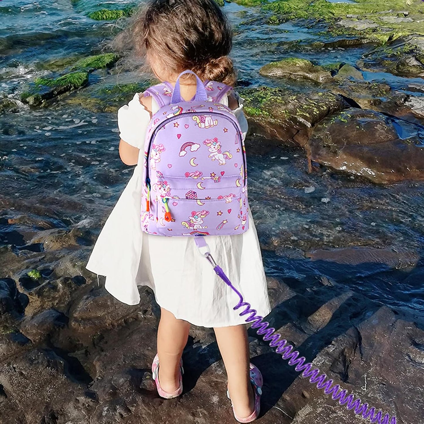 Accmor Toddler Backpack Leash with Anti Lost Wrist Link, Cute Mini Child Walking Harnesses Keep Kids Close Back Pack Rope Tether Rein for Baby Boys (Purple/Unicorn)