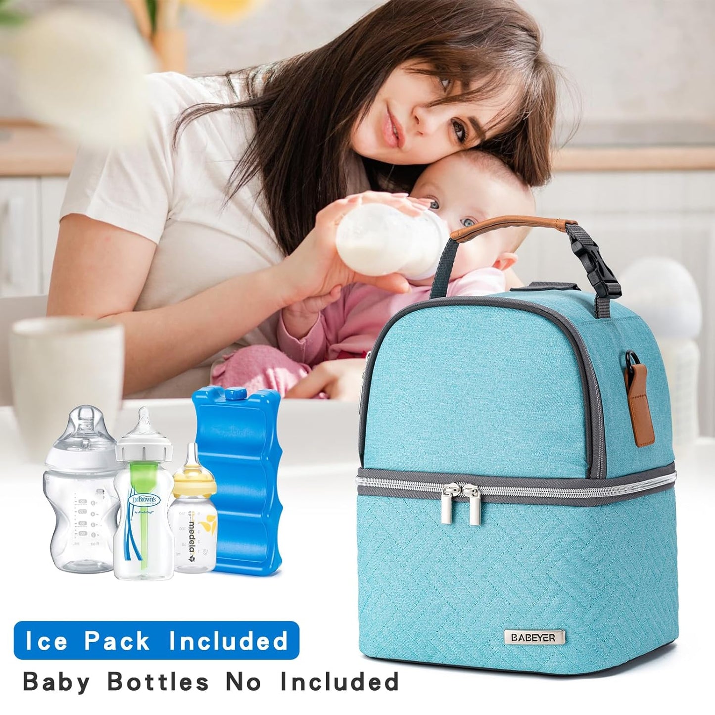 Breastmilk Cooler Bag with Ice Pack Fits 6 Baby Bottles up to 9 Ounce, Breast Milk Pump Cooler Bag with Shoulder Strap for Nursing Mom Daycare, Work, Travel- Lake Green