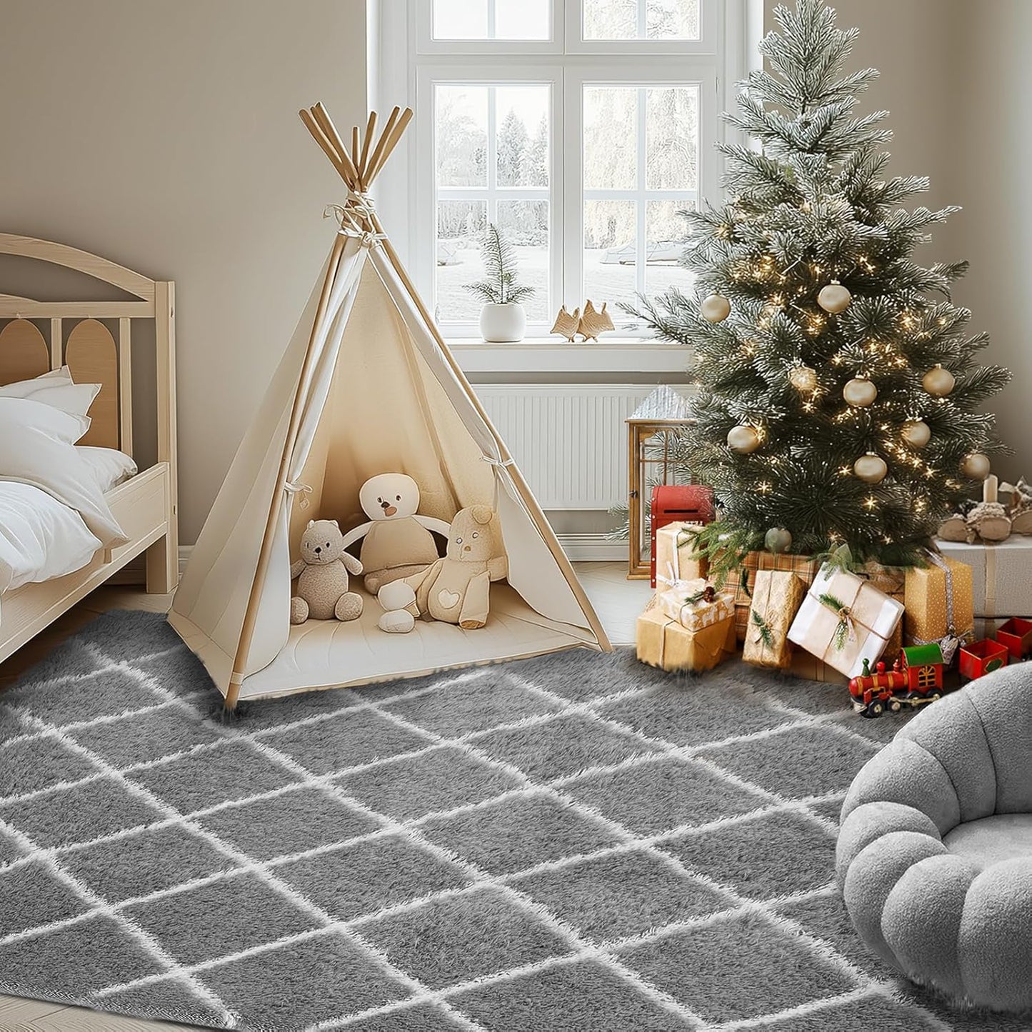 Fluffy Rug for Bedroom, 6X9Feet Stripe Checkered Rug Anti-Skid High Pile for Living Room Bedroom Kids Room Nursery, Dorm Home Decor