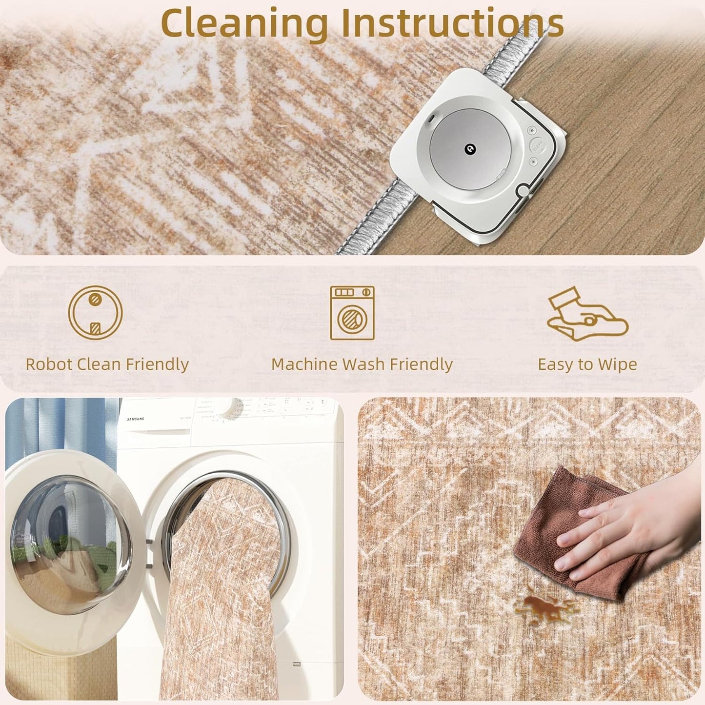 Moroccan Large Area Rug 5x7 - Soft Machine Washable Geometric Boho Distressed Farmhouse Rug Morden Stain Resistant Indoor Floor Carpet for Bedroom Dining Table Nursery Home Office (5 x 7, Brown)