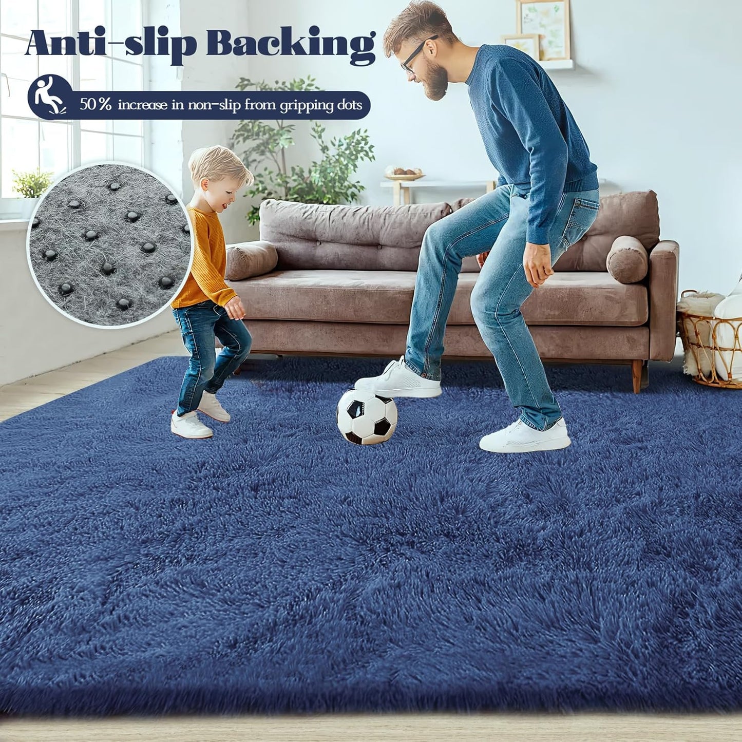 8x10 Area Rug for Living Room: Fluffy Shag Soft Washable Rugs Large Fuzzy Plush Indoor Carpet for Bedroom Nursery Playroom Kids Girls Boys Room (Navy Blue, 8'x10')