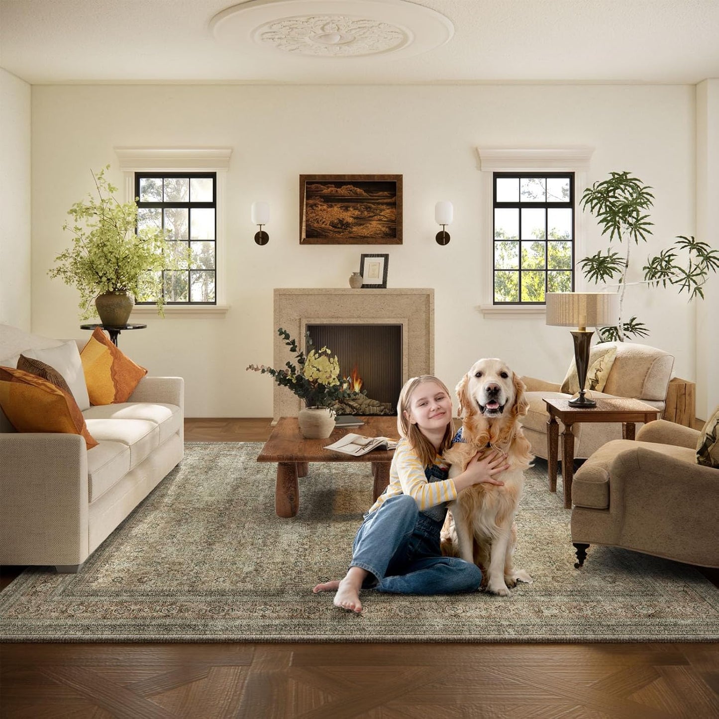 Washable Area Rugs for Living Room: 5x7 Bedroom Rug Boho Vintage Rugs Stain Resistant Non Slip Low Pile Lightweight Soft Carpets for Dining Room Kitchen Nursery Kids Room Farmhouse Living Room