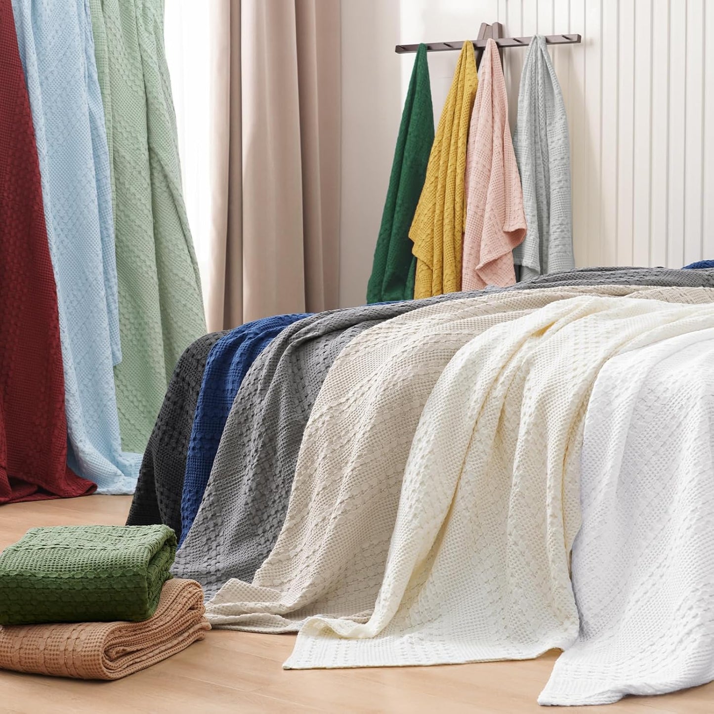 PHF 100% Cotton Waffle Weave Blanket King Size, Soft Lightweight Breathable Cozy Summer Blankets for Bed, Luxury Aesthetic Woven Bedding for Home Decor, 108"x90", Bright Navy Blue