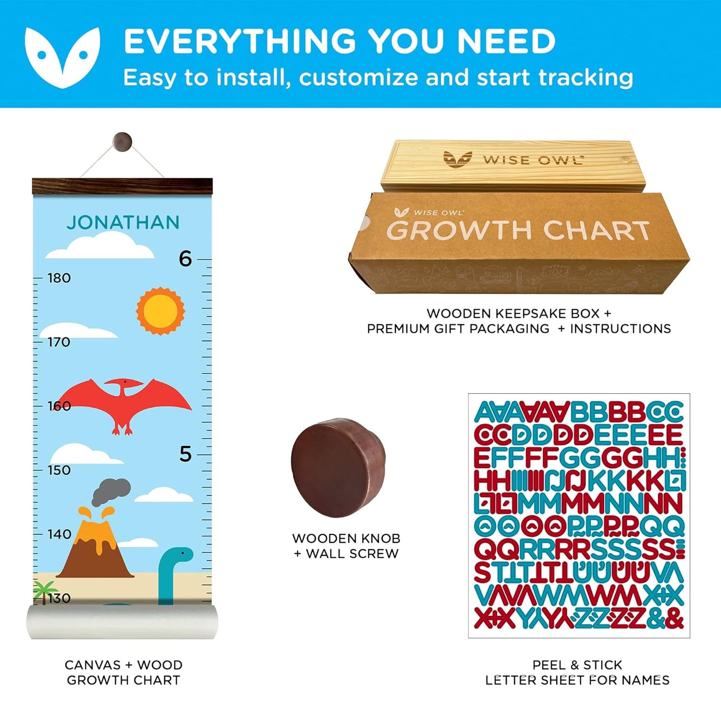 WISE OWL Personalized Growth Chart for Kids - Height Wall Chart for Boys with Peel & Stick Letters for Name - Hanging Canvas Wall Measurement Height Tracker for Baby Gift (Dinosaurs)