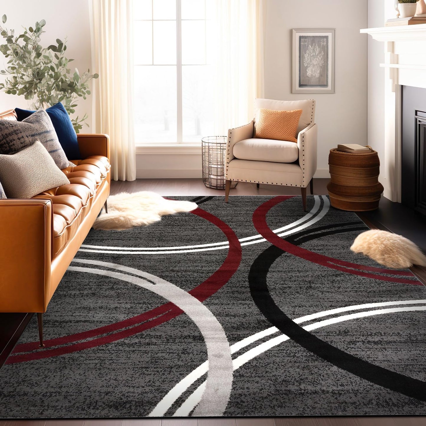 Rugshop Modern Wavy Circles Design Area Rug 10' x 14' Red