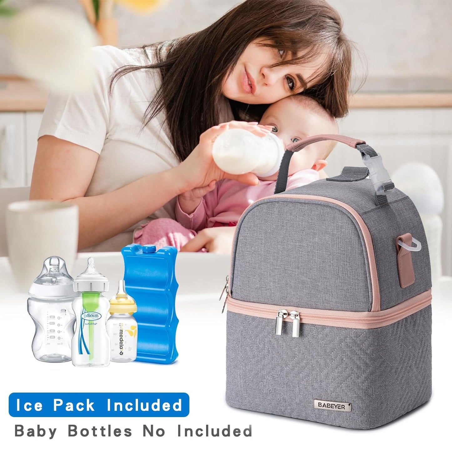 Breastmilk Cooler Bag with Ice Pack Fits 6 Baby Bottles up to 9 Ounce, Breast Milk Pump Cooler Bag with Shoulder Strap for Nursing Mom Daycare, Work, Travel- Grey