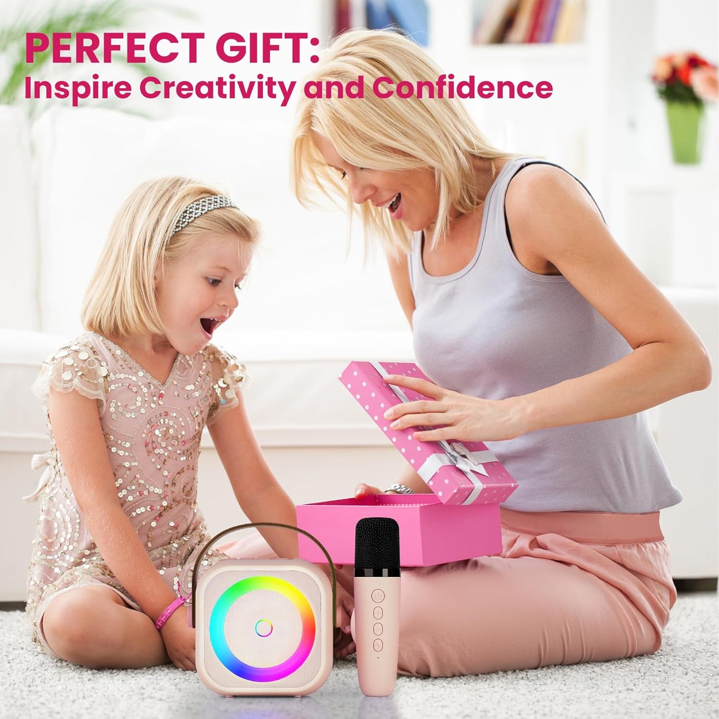 Mini Karaoke Machine for Kids Adults, Portable Bluetooth Speaker with Wireless Microphone, for Girls 4,5,6,7,8,9,10,12 Year Old Karaoke Toys Birthday Gifts Home Party (Pinkcolor 1 Mic)