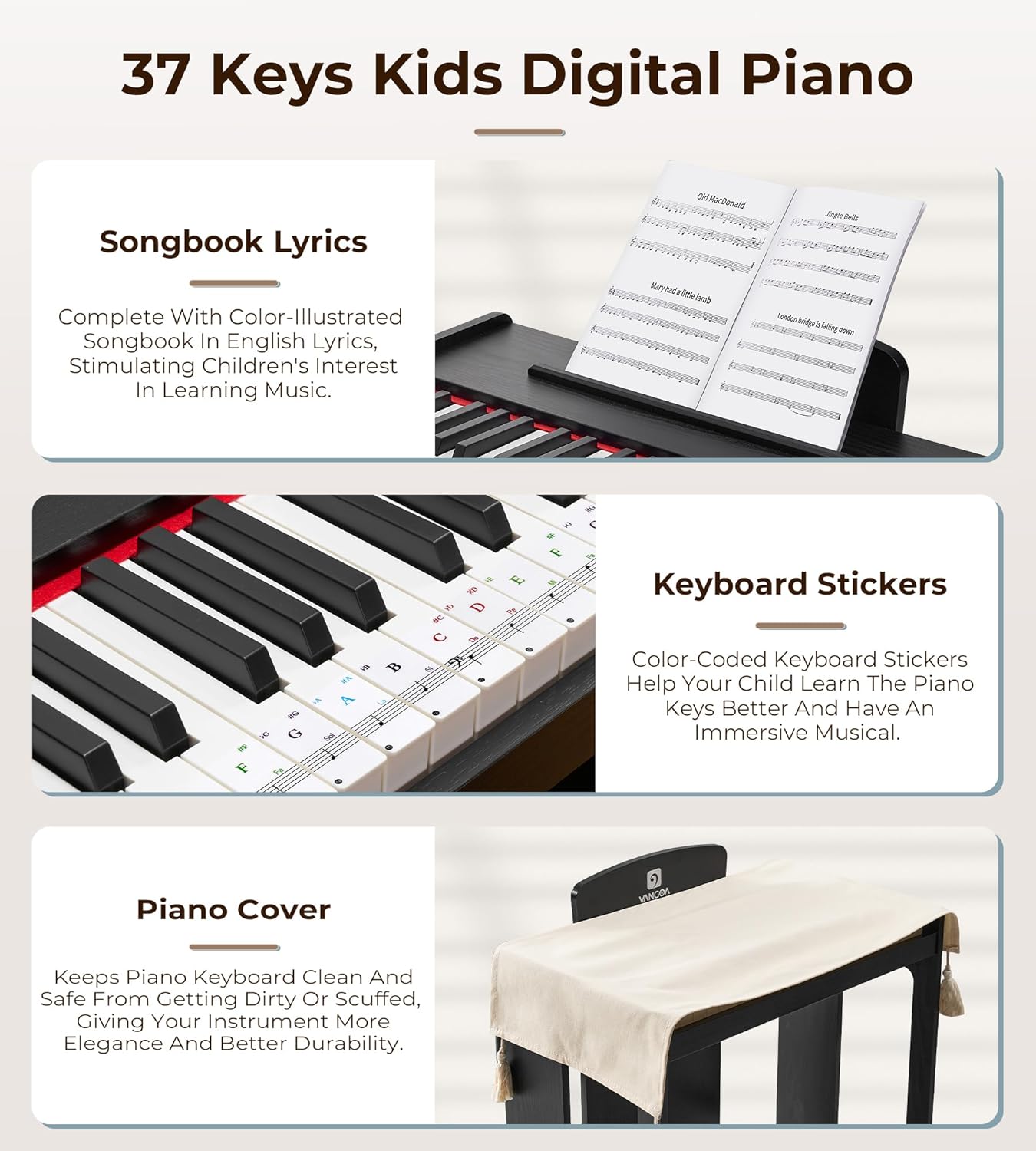 Vangoa Kids Piano Keyboard, 37 Keys Digital Piano for Kids, Music Educational Instrument Toy, Wood Piano for Girls and Boys,Classic Black