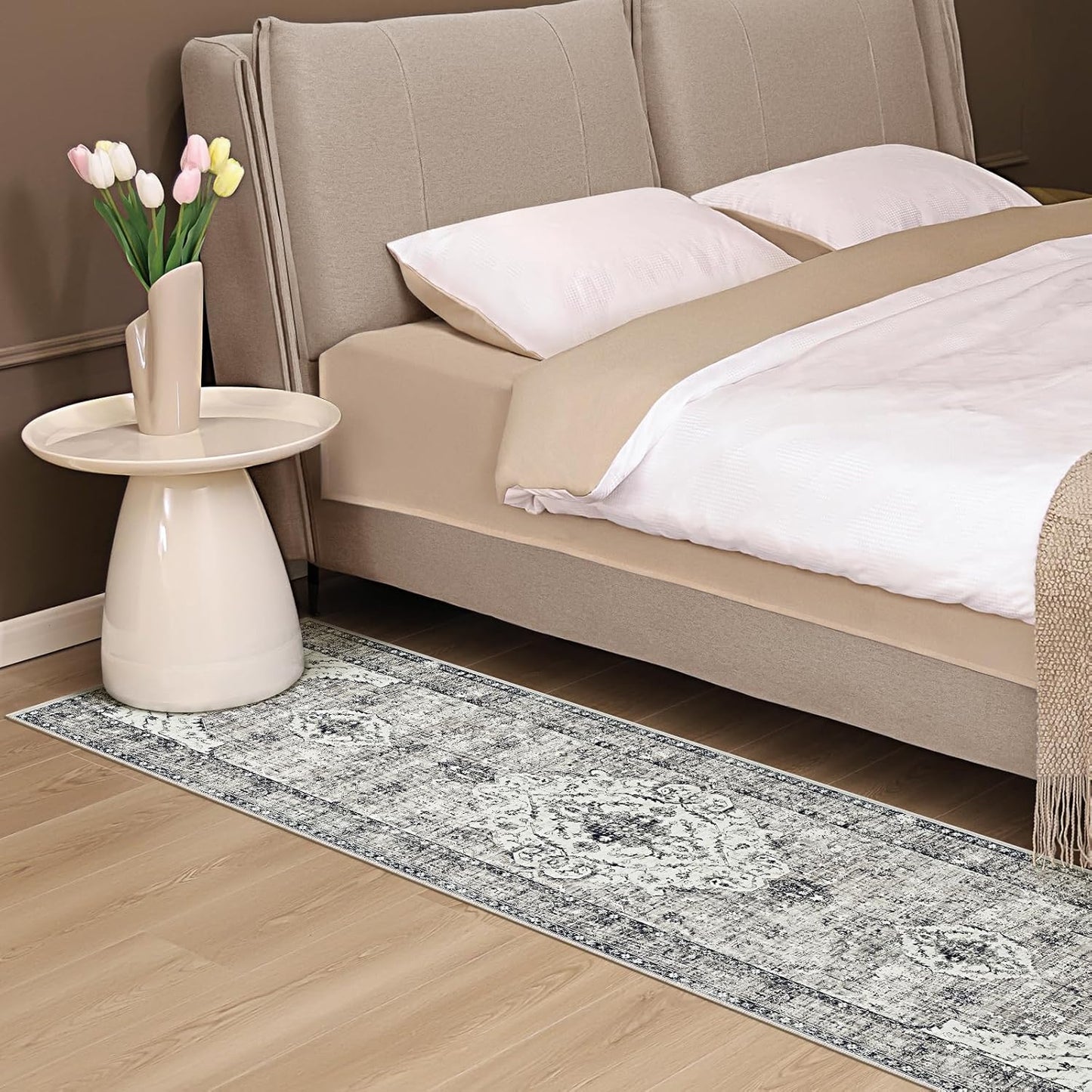 Runner Rugs for Hallway 2x6 Ft Non-Slip Fall Runner Rugs with Rubber Backing Washable Rug Runner for Kitchen Bedroom Vintage Distressed Carpet (Border Grey)