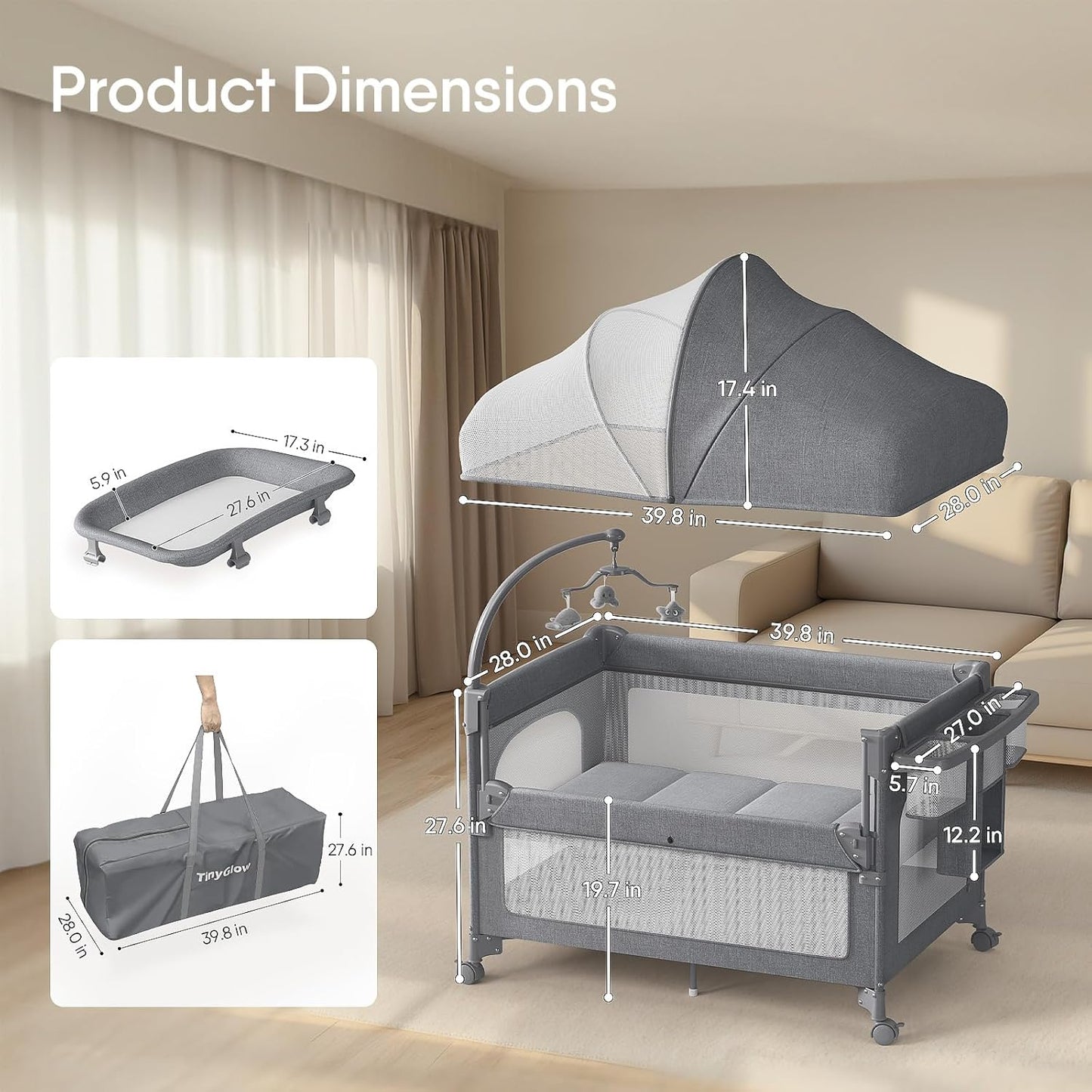 4 in 1 Baby Bassinet, Pack and Play, Bedside Crib Sleeper, Diaper Changer, Quickly Assembled and Folded Portable Crib with Mattress and Mosquito Net, Easy to Carry