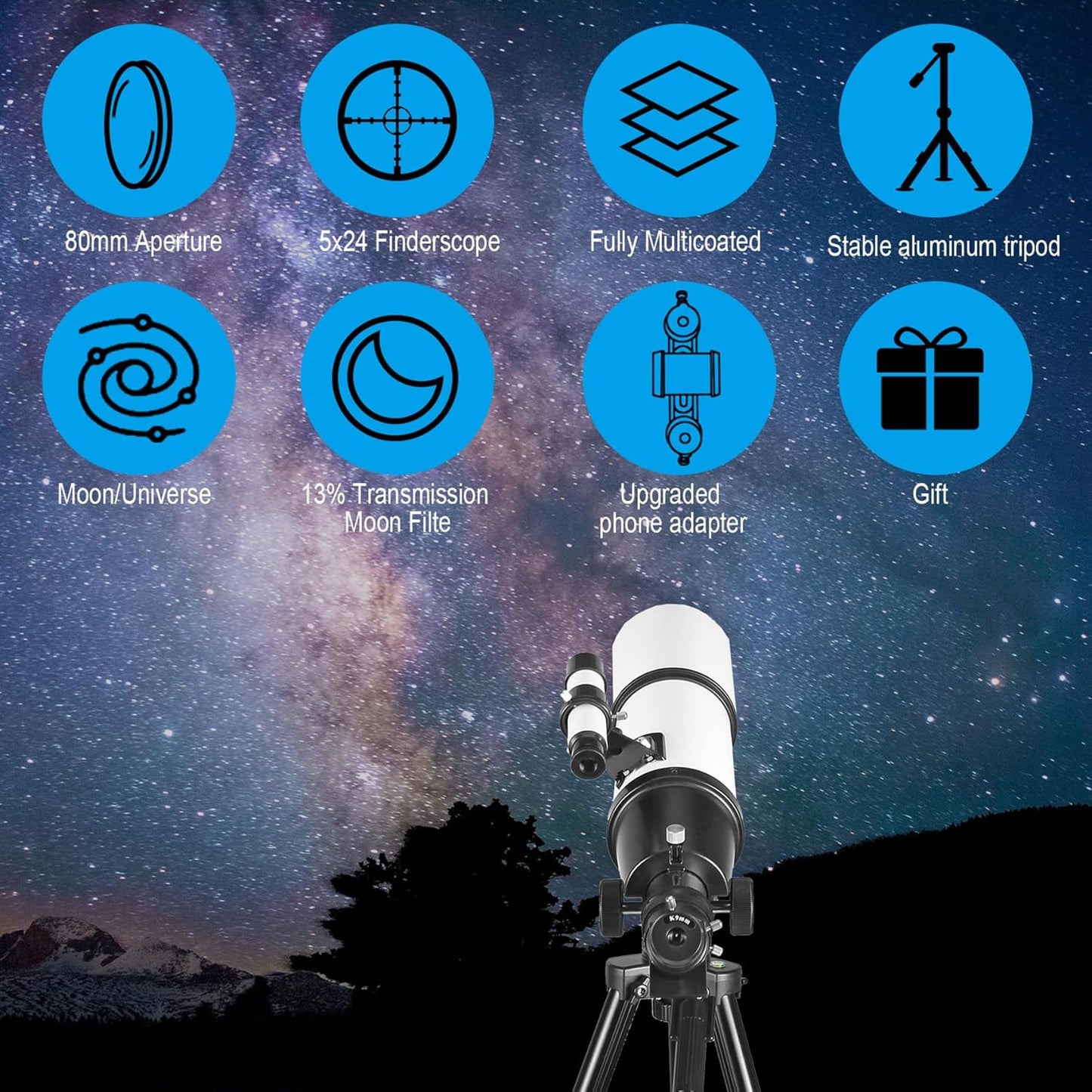 Telescope for Adults High Powered, 80mm Aperture 600mm Telescopes for Adults Astronomy, Travel Telescopio for Beginners with AZ Mount, Backpack, Phone Adapter, Moon Filter