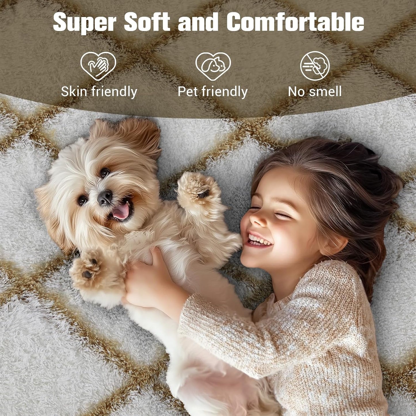 Fluffy Rug for Bedroom, Stripe Checkered Rug Anti-Skid High Pile for Living Room Bedroom Kids Room Nursery, Dorm Home Decor