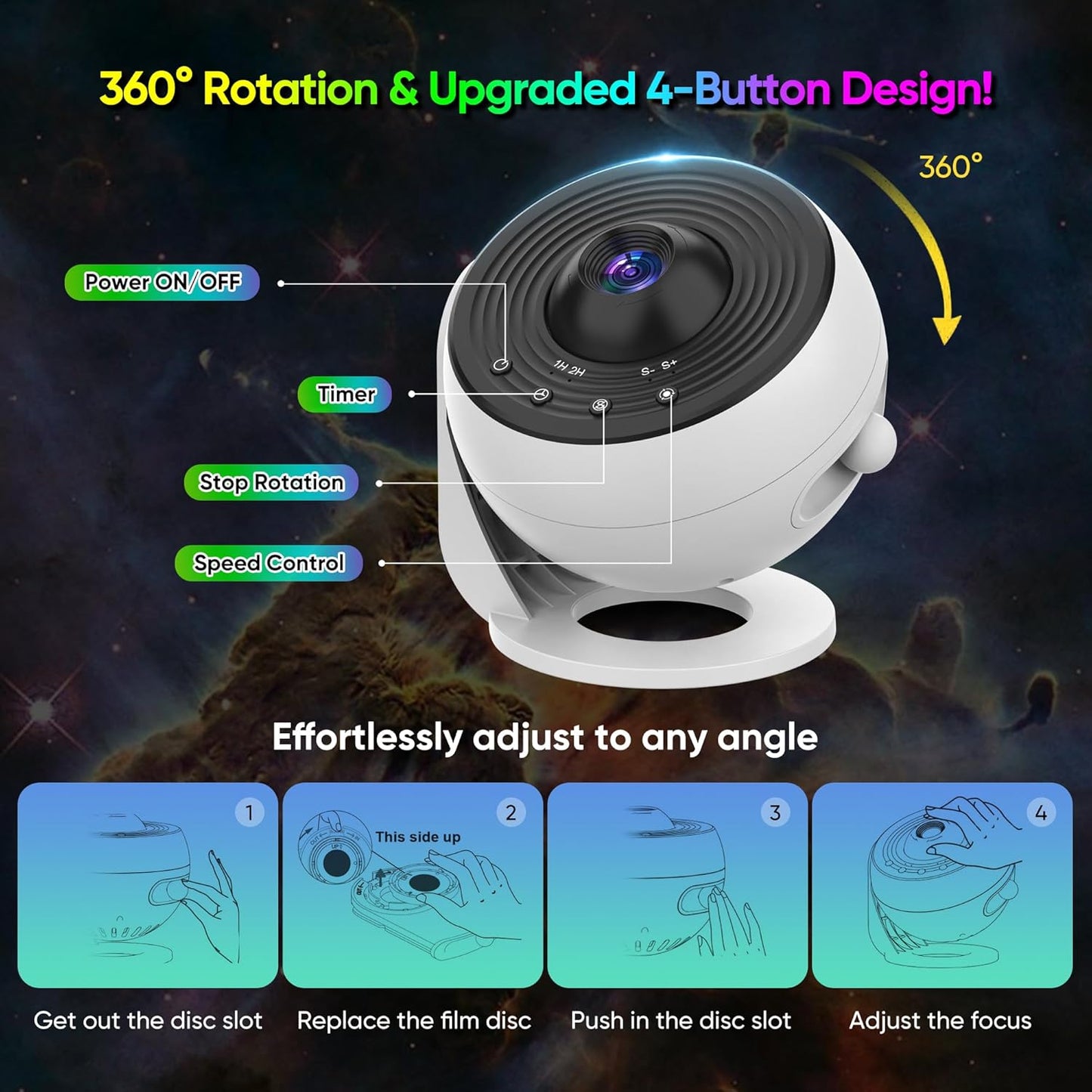 Upgraded Galaxy Projector for Bedroom, 13 in 1 HD Star Projector Light Projector, 360° Rotating Planetarium Projector with Timer and Simple 4 Button Control for Kids, Ceiling, Gifts, Room Decor