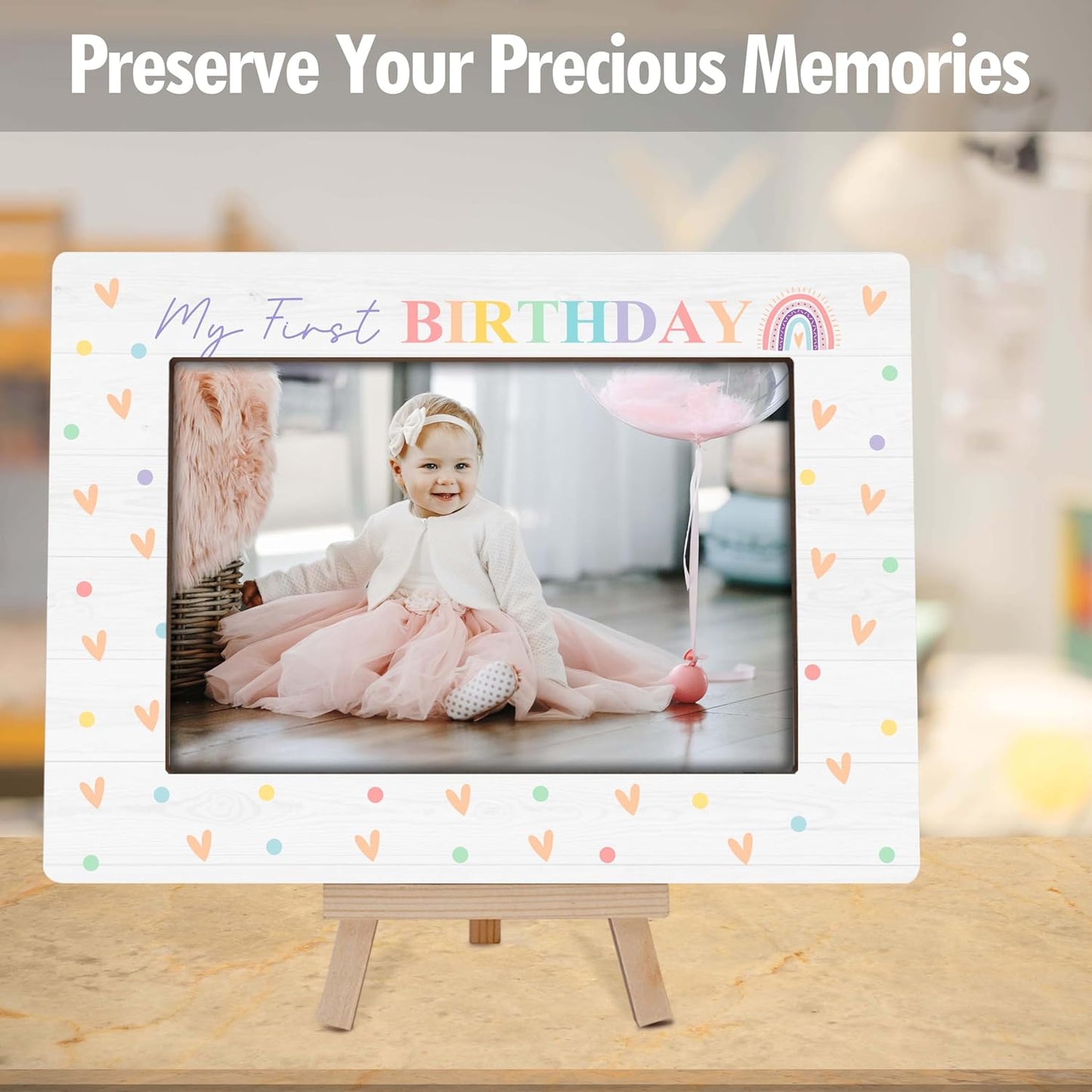 My 1st Birthday Picture Frames, Rainbow Wooden 4x6 Photo Frame with Easel, Baby First Year Birthday Gifts for Home Office Tabletop Display Decorations - G05