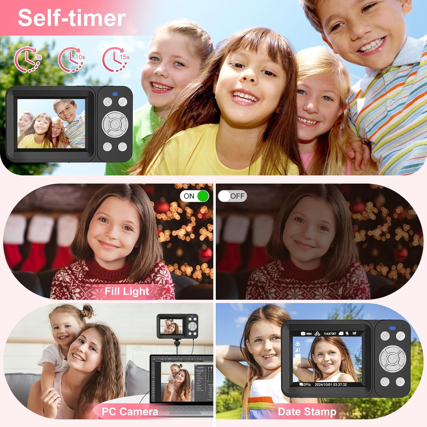 Digital Camera, 4K 64MP, 18X Zoom, Point and Shoot Digital Camera with 64GB TF Card & 2 Batteries, Portable Rechargeable Small Camera for Kids Teens Adult, Black