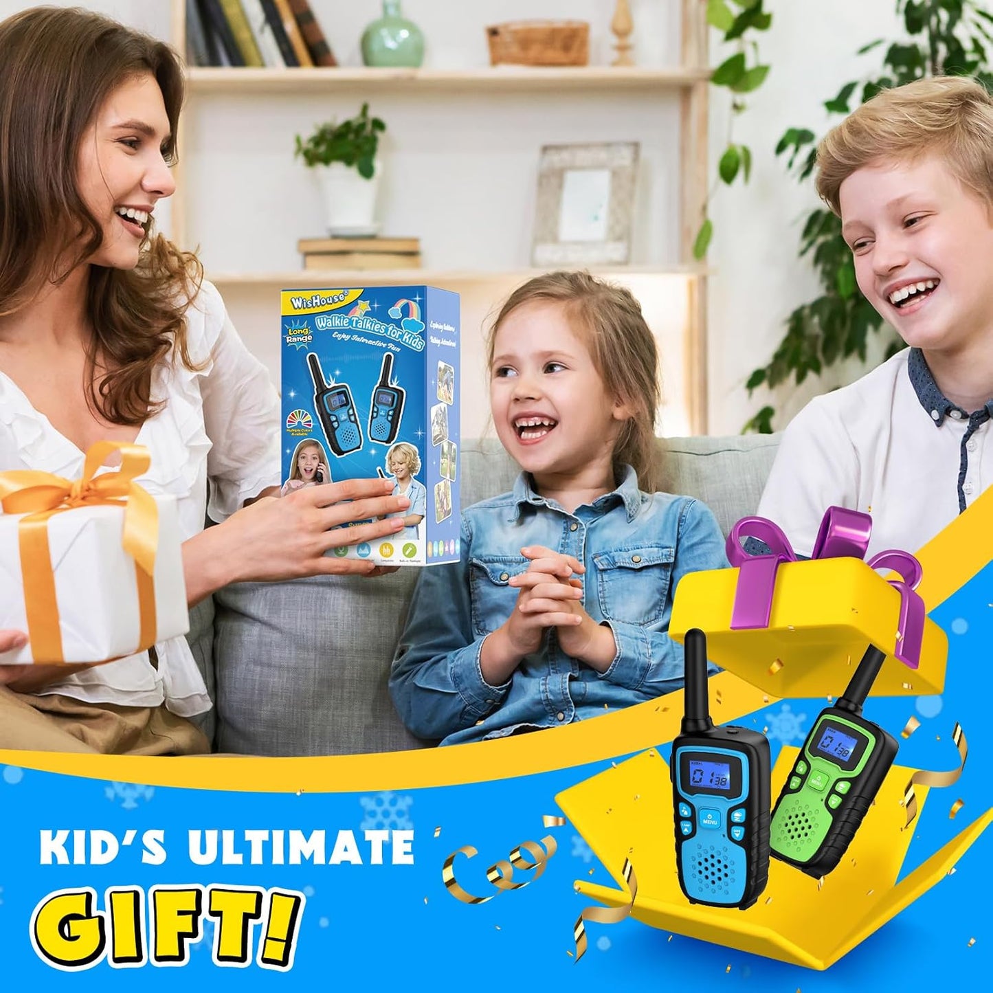 Wishouse Walkie Talkies for Kids Rechargeable Long Range,Xmas Birthday Gift for 4 5 6 7 8 9 Year Old Boys Girls,Hiking Gear Camping Games Cool Toys with NOAA,SOS Siren,Lamp,Lanyards,Easy to Use,2 Pack