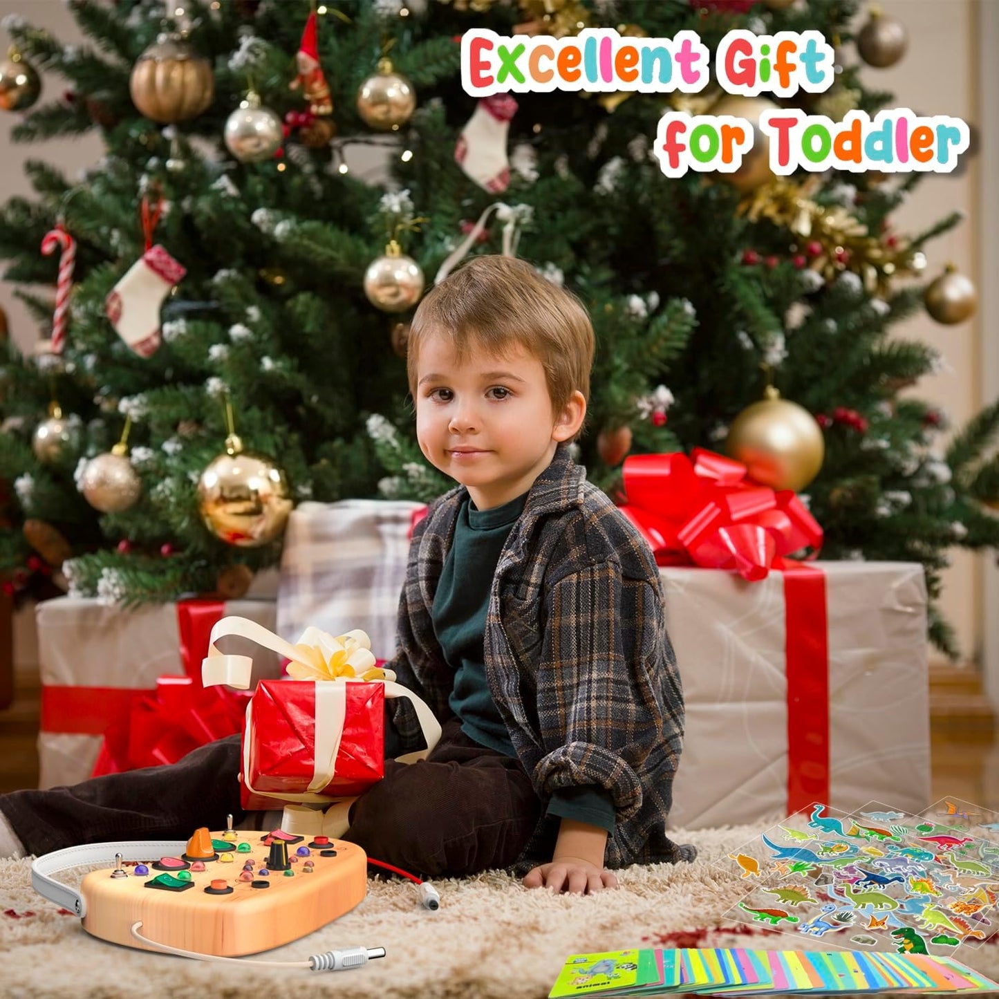 Montessori Busy Board for Baby, Busy Board for Toddlers Toys, Wooden Autism Sensory Toys with Animal Cards, Dinosaur Stickers, Toddler Educational Activity Travel Toys for Boys and Girls 1+