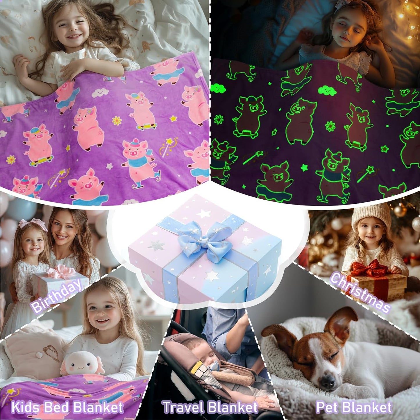 Boulou Pig Glow in The Dark Throw Blanket - 60" x 50" Pink Plush Pig Blanket for Girls, Glowing Blanket Gift for 3-10 Years Old Kids Boys, Birthday