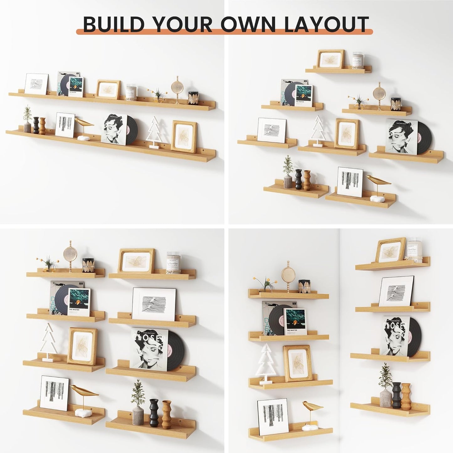 Floating Picture Ledge Shelves for Wall Set of 8, 16 Inch Wall Shelves with Lip Long Large Nursery Book Shelf for Toys Storage Kids Bookshelf Wall Mounted Living Room Bedroom Decor Frames