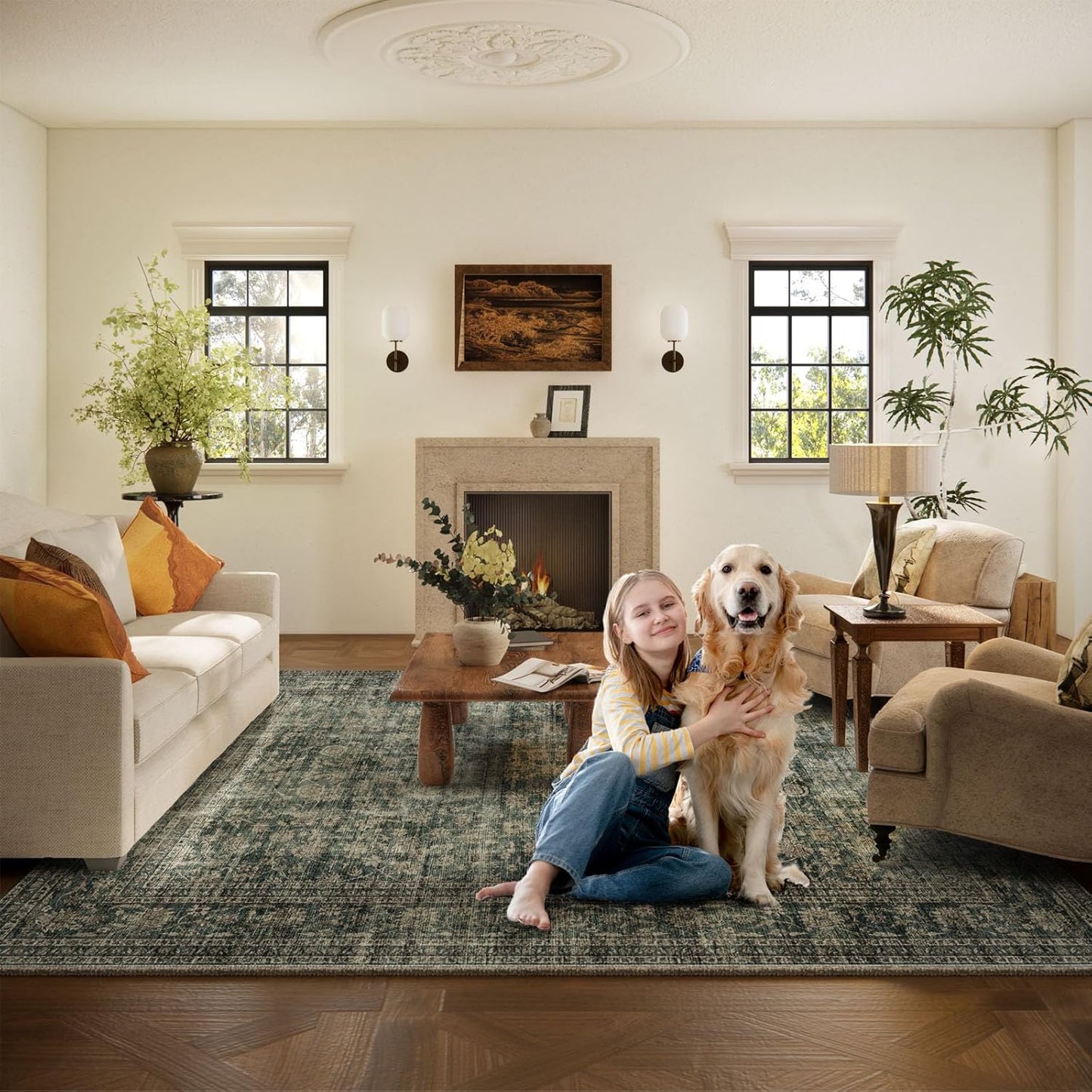 Washable Living Room Area Rug: 6x9 Area Rugs for Bedroom Vintage Stain Resistant Non Slip Low Pile Lightweight Boho Carpet for Kitchen Dining Room Farmhouse Kids Room Nursery