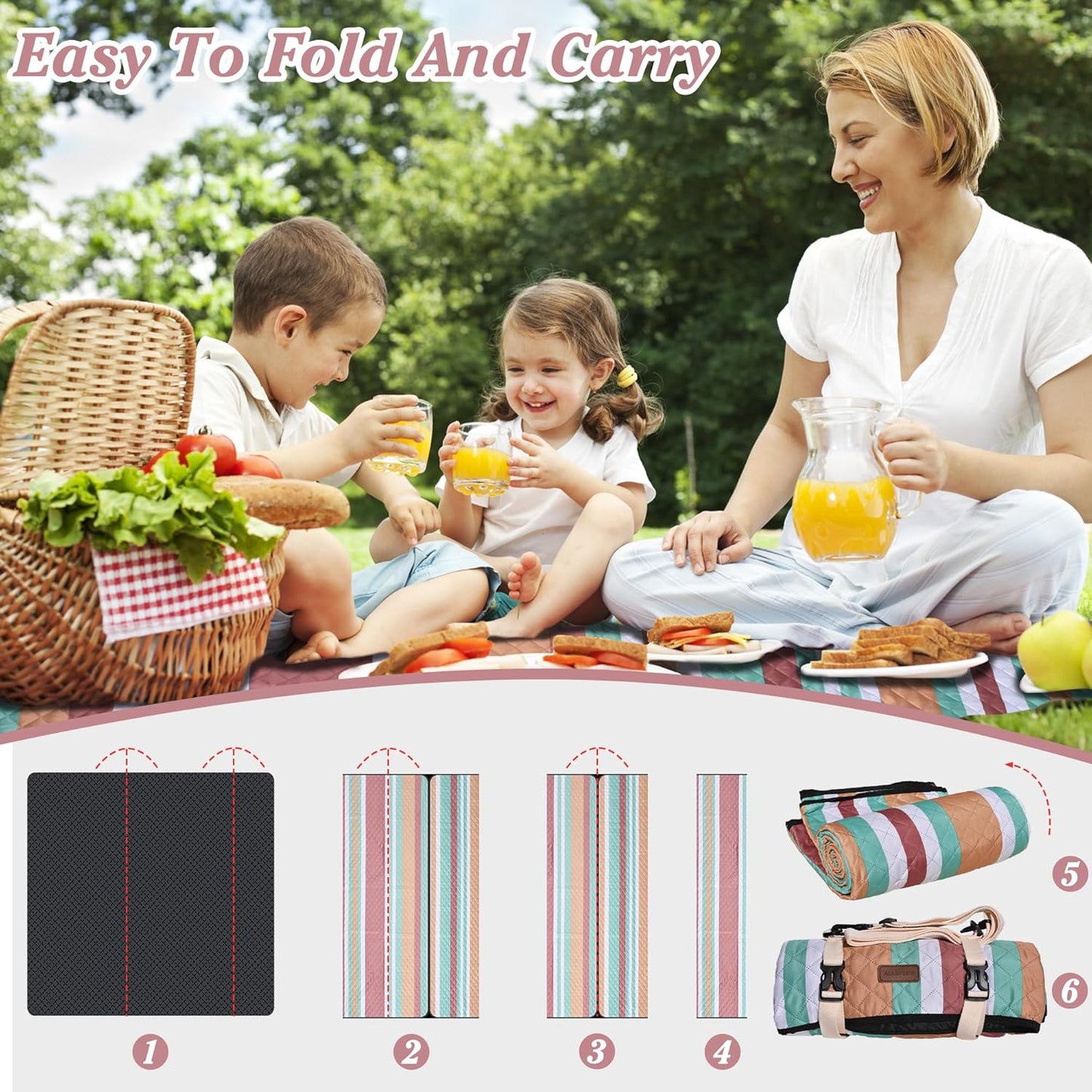 Waterproof Picnic Blanket 80" x 80" in Portable with Carry Strap for Beach Mat or Family Outdoor Camping Party, Park Blanket for Grass Park, Hiking, Travel, Concerts (Orange&Brown, 80" x 80")
