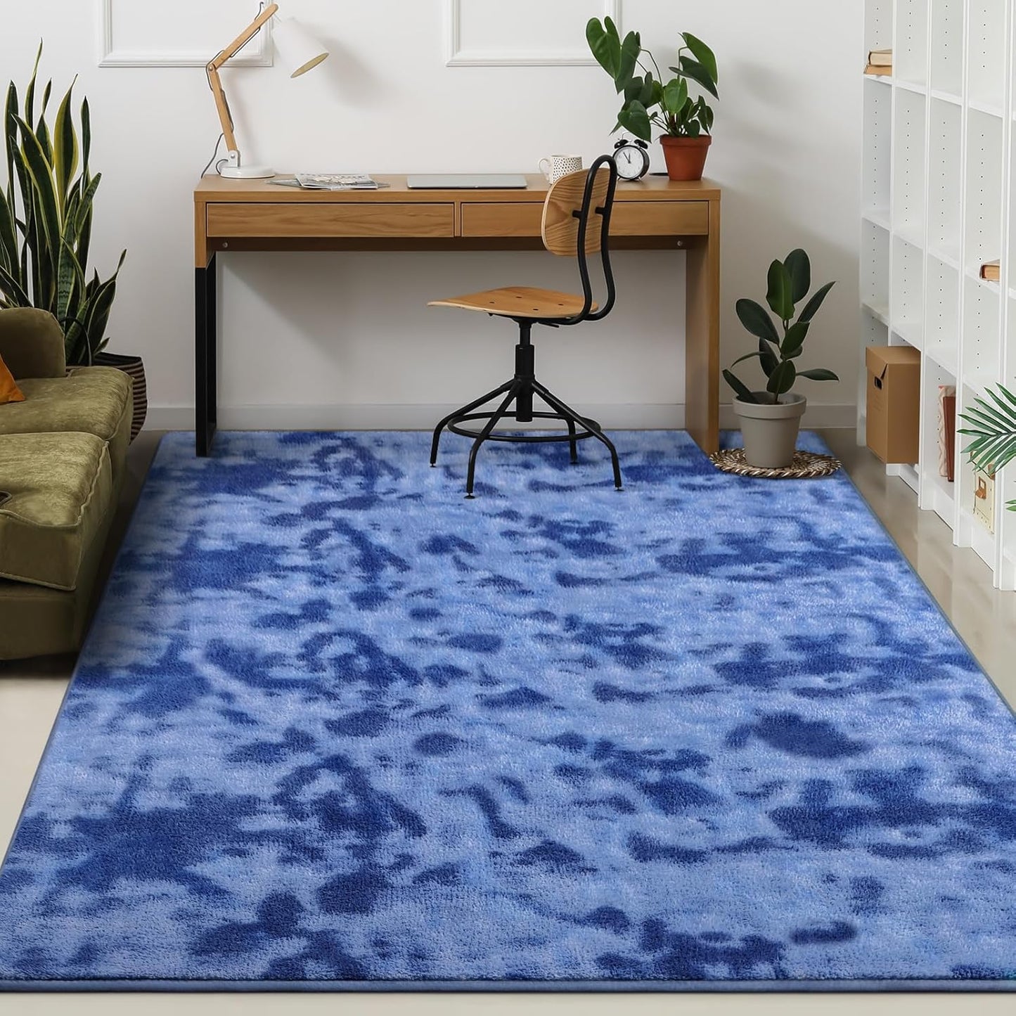 Kimicole 4x6 Washable Area Rugs for Bedroom Living Room, Low Pile Ulta-Thin Solid Color Rug, Non-Slip Soft Fluffy Carpet for Nursery Kids Room Dorm Room Home Decor (Blue)