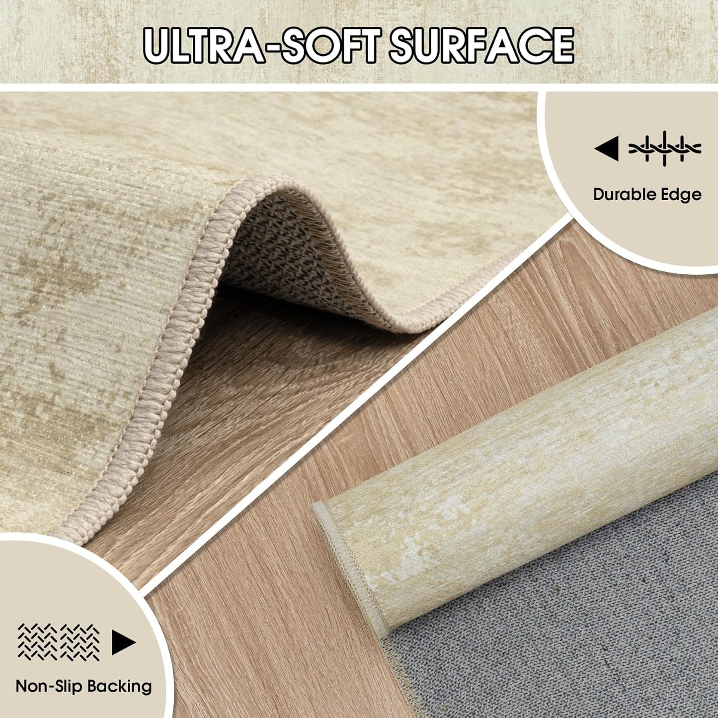 Washable Rug 6x9 Area Rugs, Abstract Large Living Room Rugs with Non-Slip Backing, Thin Carpet for Dorm Dining Room Table Nursery Indoor Home Office -Beige