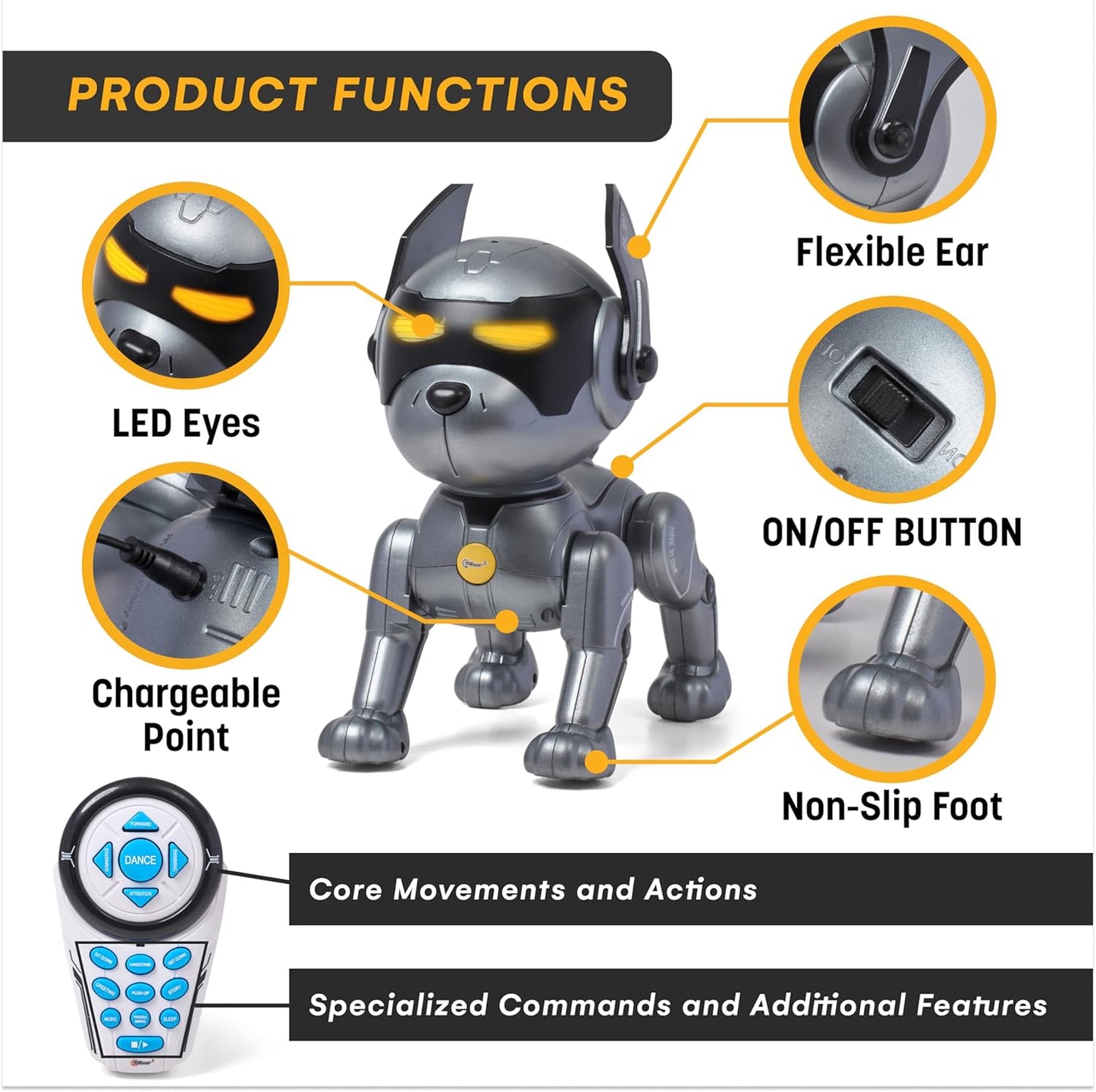 Top Race Robot Dog Toy - Interactive Fun and Educational STEM Remote Control Robot Toy for Kids - Dances, Sits, Stands, Barks, Walks - Rechargeable - Plastic Pet Robot - Dark Grey