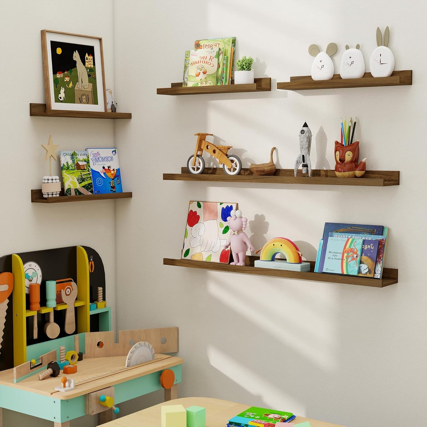 Axeman Picture Ledge Shelf, Floating Shelves for Wall Decor Storage Set of 6, 55 inch Floating Wall Mounted Shelves, Wall Shelves with Lip for Living Room, Bedroom, Nursery, Bathroom, Kitchen, Walnut