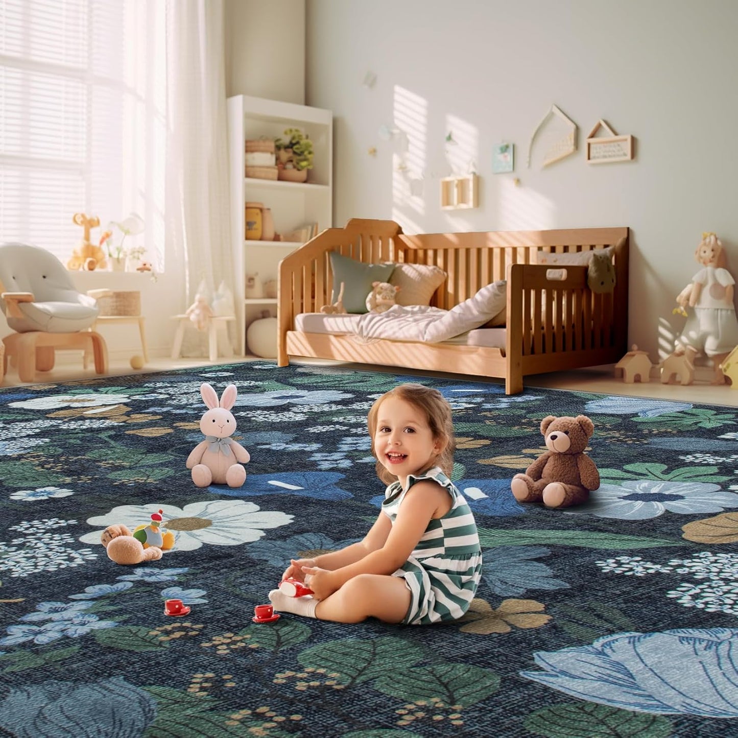 8x10 Area Rug for Living Room: Vintage Floral Washable Rug Soft Boho Non Slip Carpet Large Indoor Floor Non Shedding Low Pile Thin Carpets for Bedroom Dining Room Farmhouse Nursery Home Office Blue