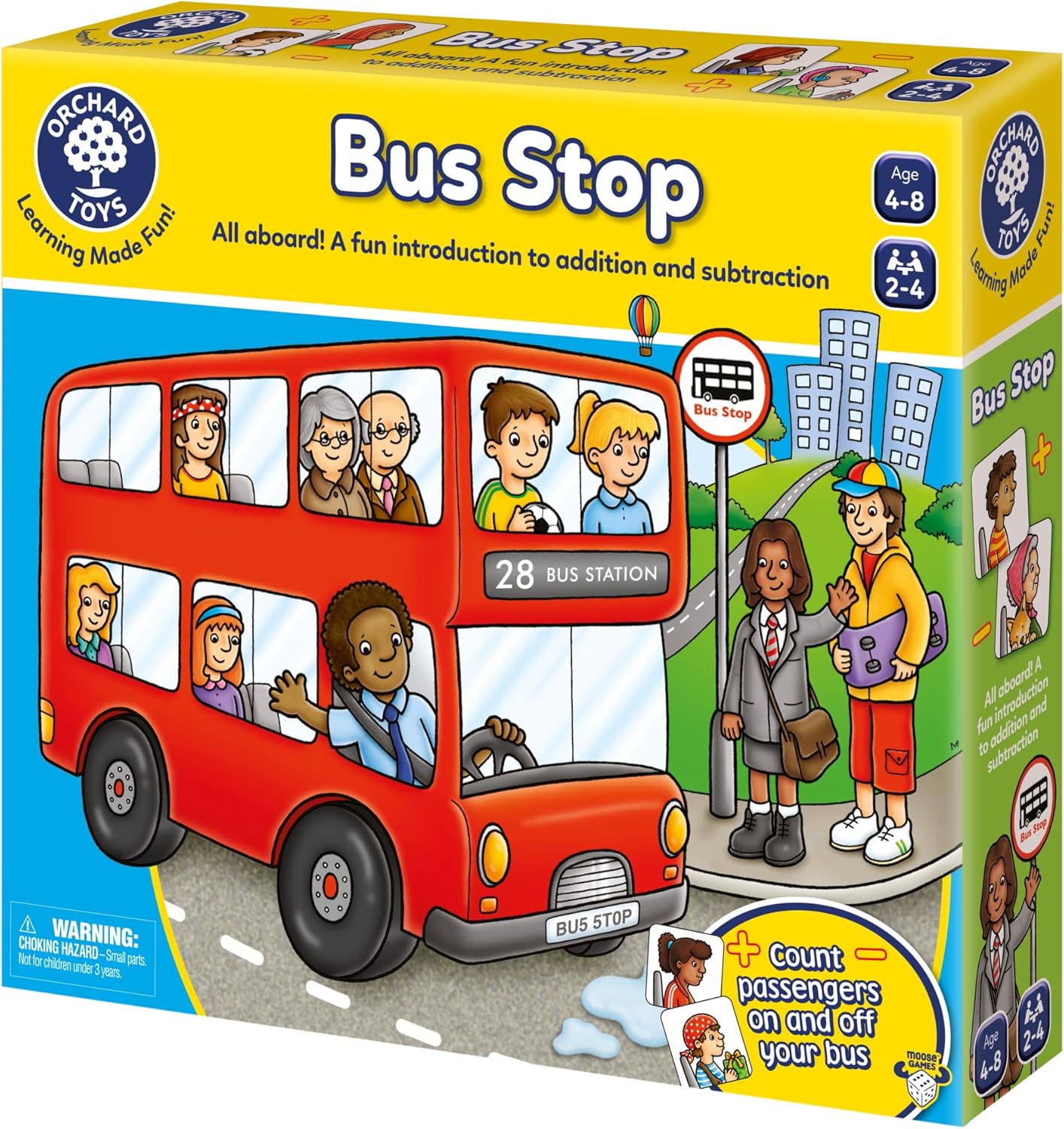 Orchard Toys Moose Games Bus Stop Game. A Fun Introduction to Addition and Subtraction. Pick up and Drop Off Passengers on Your Bus. for Ages 4-8 and for 2-4 Players