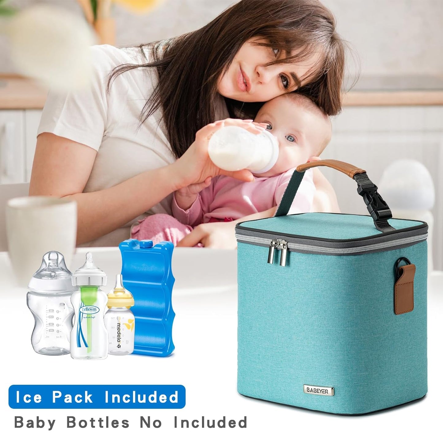 Breastmilk Cooler Bag with Ice Pack Fits 6 Baby Bottles Up to 9 Ounce, Baby Bottle Bag with Shoulder Strap for Nursing Mom Daycare, Aqua